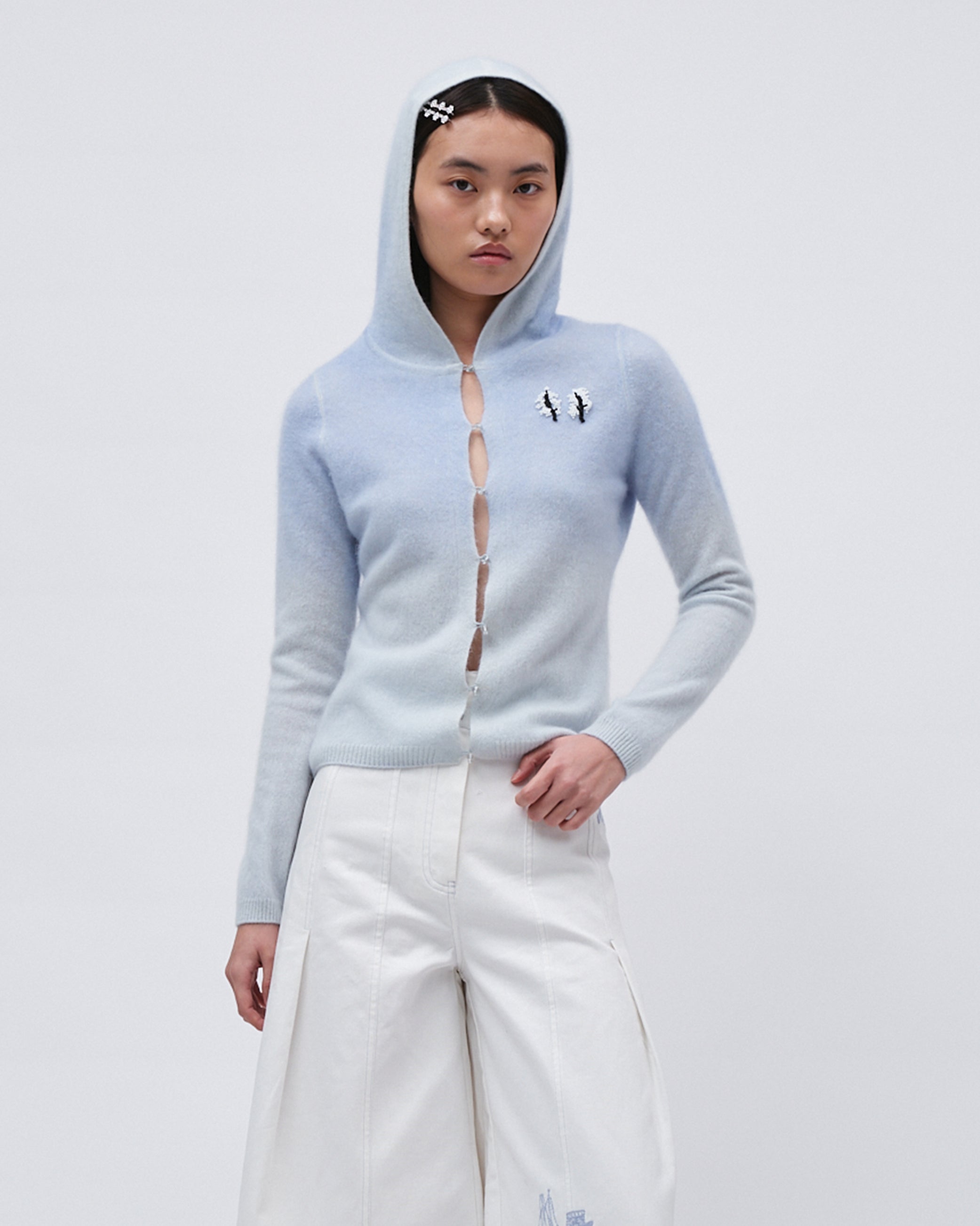 WOMENS KNIT CASHMERE JUMPER TOP SWEATER WITH GRADIENT PALETTE FRONT EMBROIDERY LONG SLEEVE BLUE WITH HOOD 