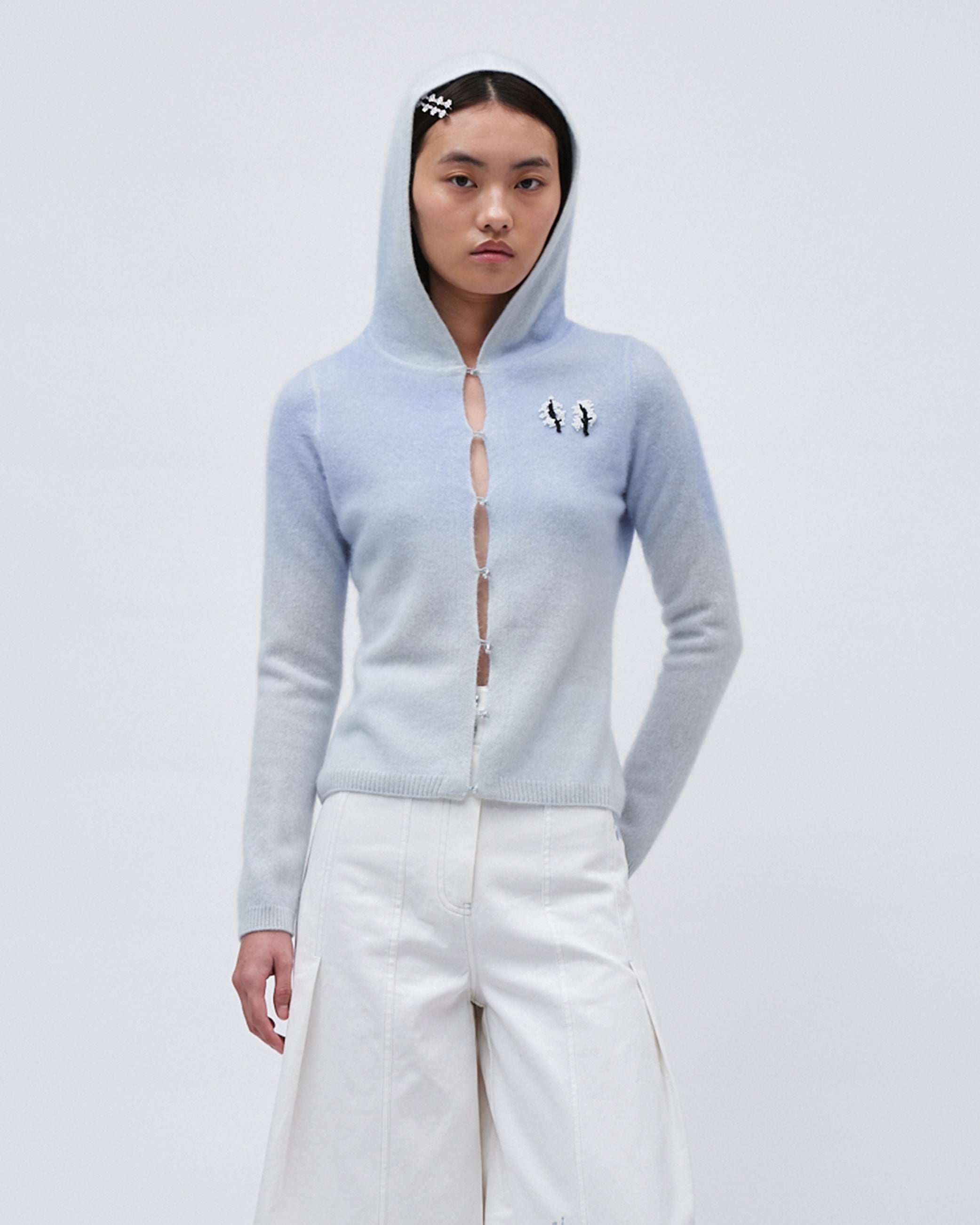 WOMENS KNIT CASHMERE JUMPER TOP SWEATER WITH GRADIENT PALETTE FRONT EMBROIDERY LONG SLEEVE BLUE WITH HOOD 