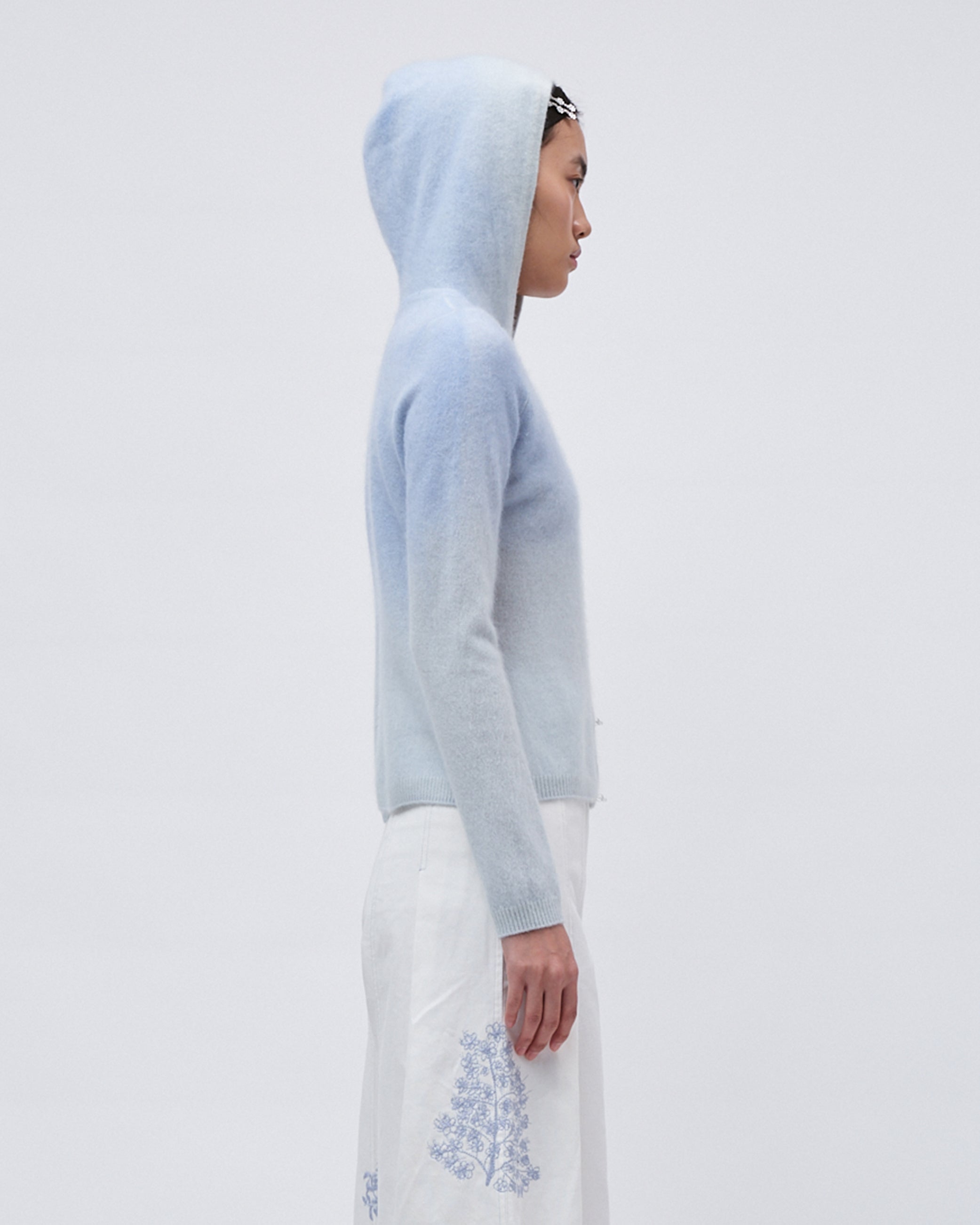 WOMENS KNIT CASHMERE JUMPER TOP SWEATER WITH GRADIENT PALETTE FRONT EMBROIDERY LONG SLEEVE BLUE WITH HOOD 