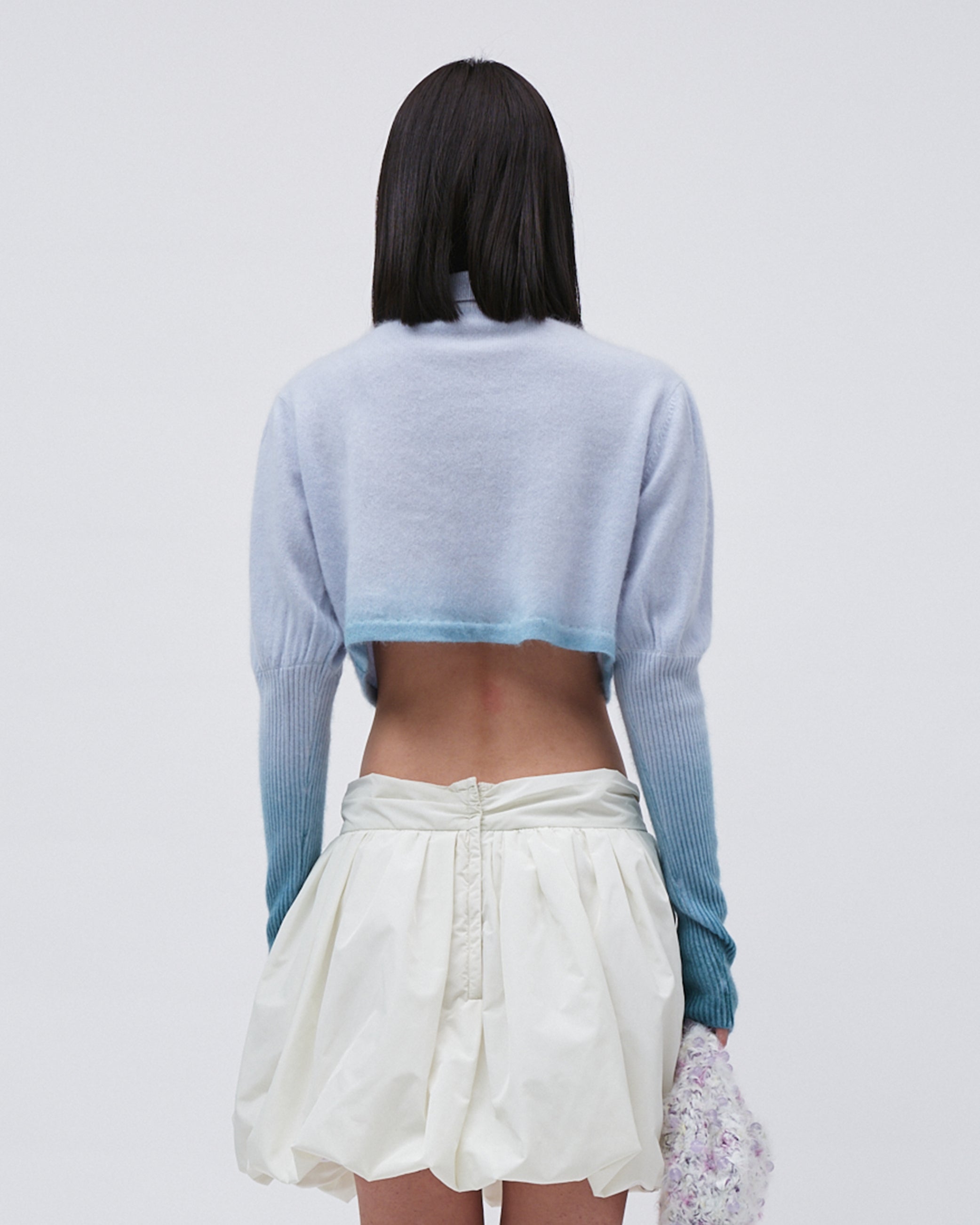 WOMENS JUMPER SWEATER TOP  KNITED BLUE GRADIENT WITH EMBROIDERY RELAXED CROPPED FIT, LEG OF MUTTON SLEEVE LONG SLEEVE WITH FRONT BUTTONS AND FLIP 