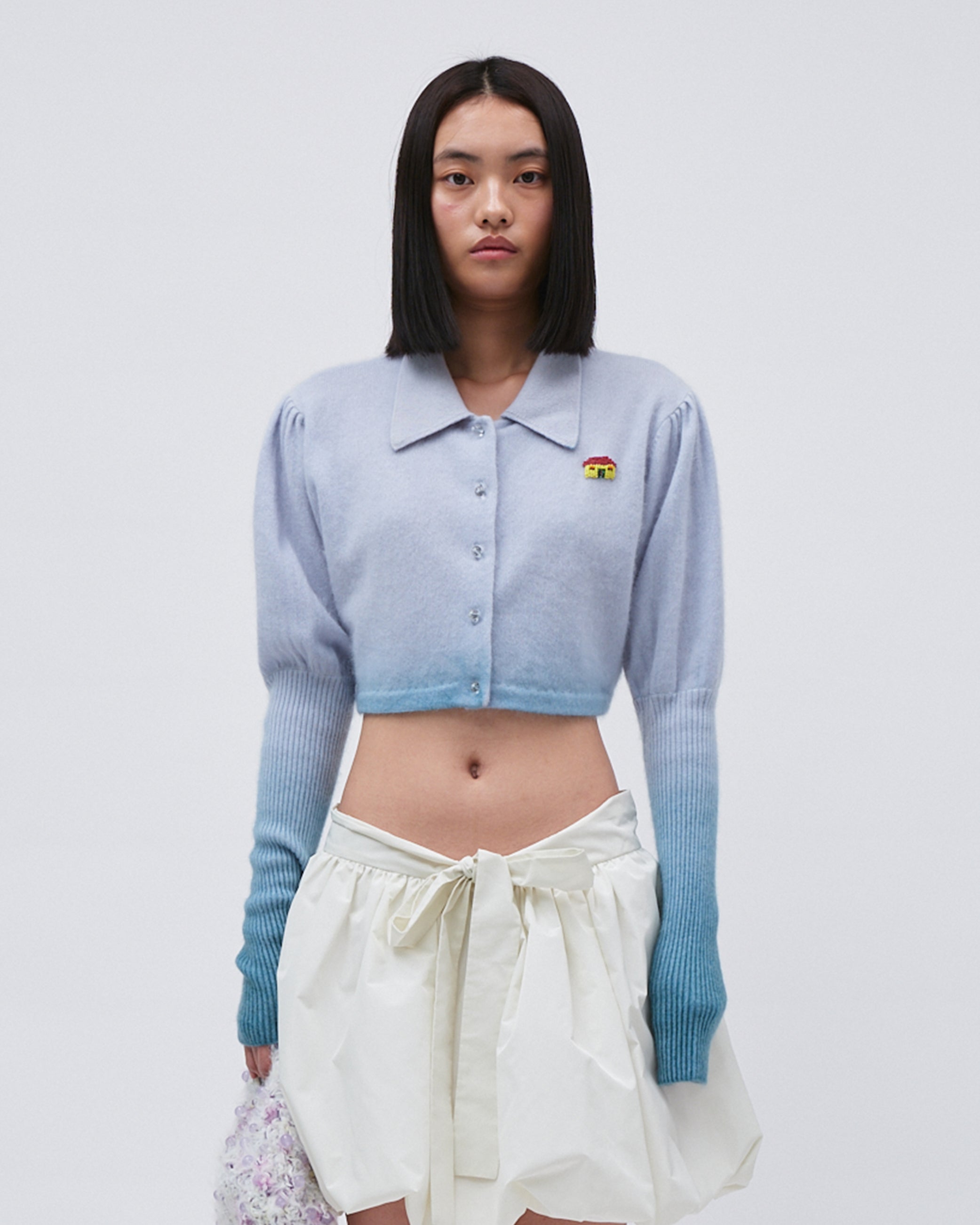 WOMENS JUMPER SWEATER TOP  KNITED BLUE GRADIENT WITH EMBROIDERY RELAXED CROPPED FIT, LEG OF MUTTON SLEEVE LONG SLEEVE WITH FRONT BUTTONS AND FLIP 
