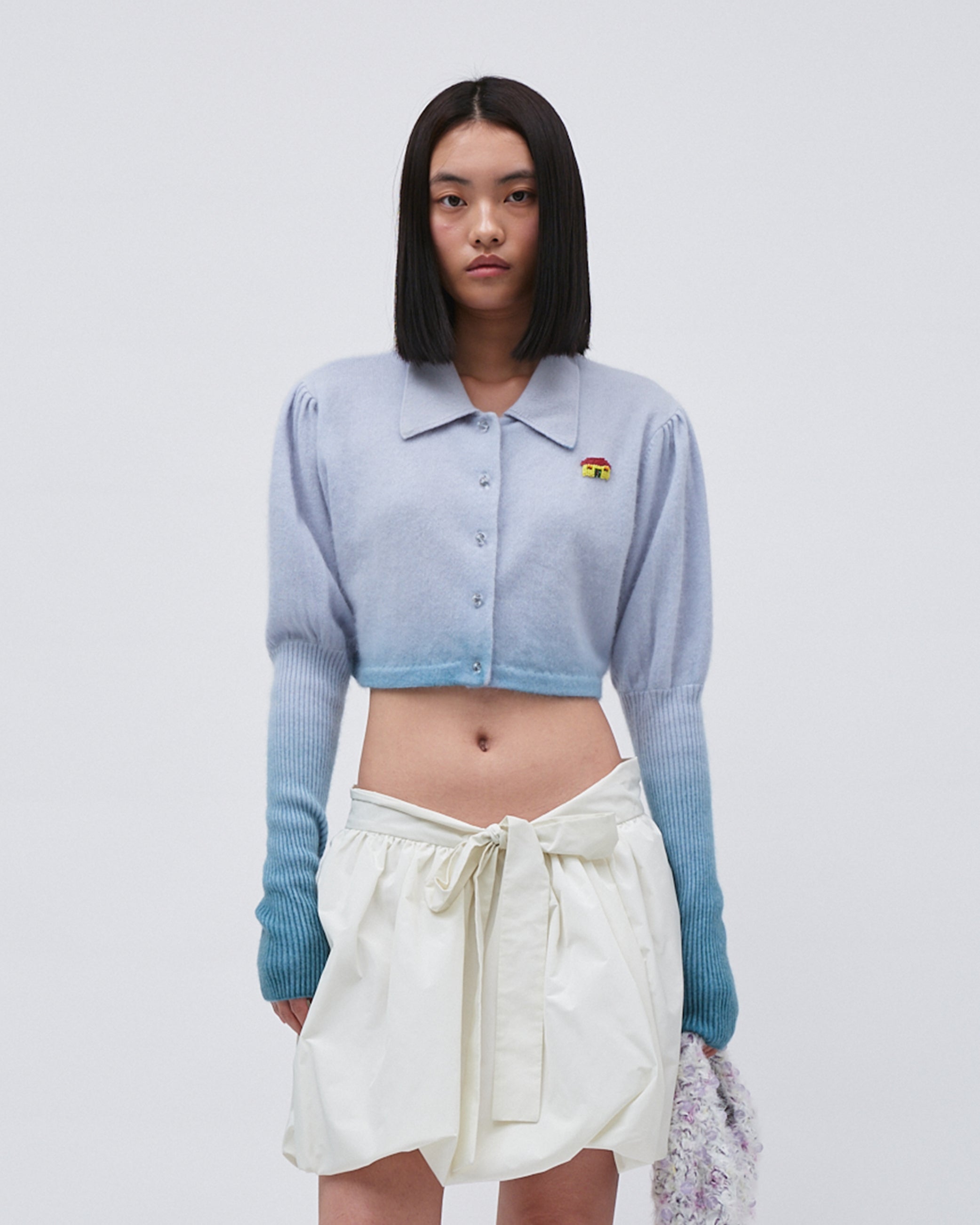 WOMENS JUMPER SWEATER TOP  KNITED BLUE GRADIENT WITH EMBROIDERY RELAXED CROPPED FIT, LEG OF MUTTON SLEEVE LONG SLEEVE WITH FRONT BUTTONS AND FLIP 
