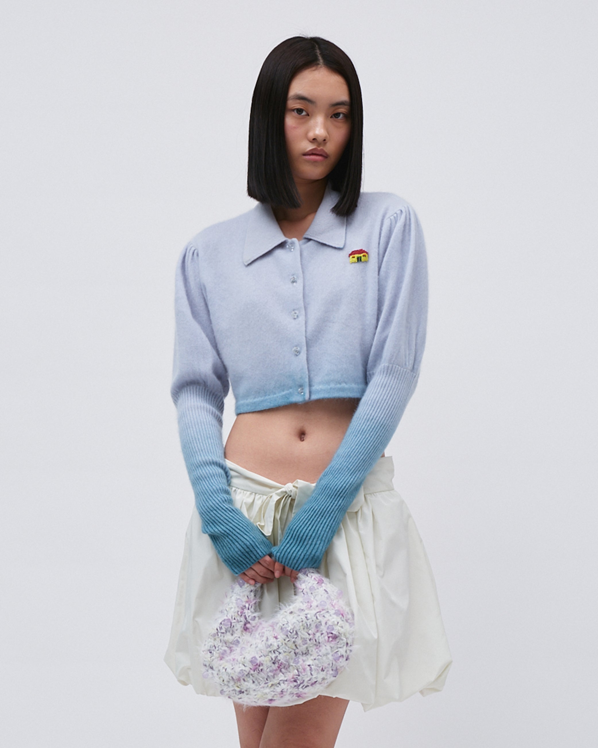 WOMENS JUMPER SWEATER TOP  KNITED BLUE GRADIENT WITH EMBROIDERY RELAXED CROPPED FIT, LEG OF MUTTON SLEEVE LONG SLEEVE WITH FRONT BUTTONS AND FLIP 