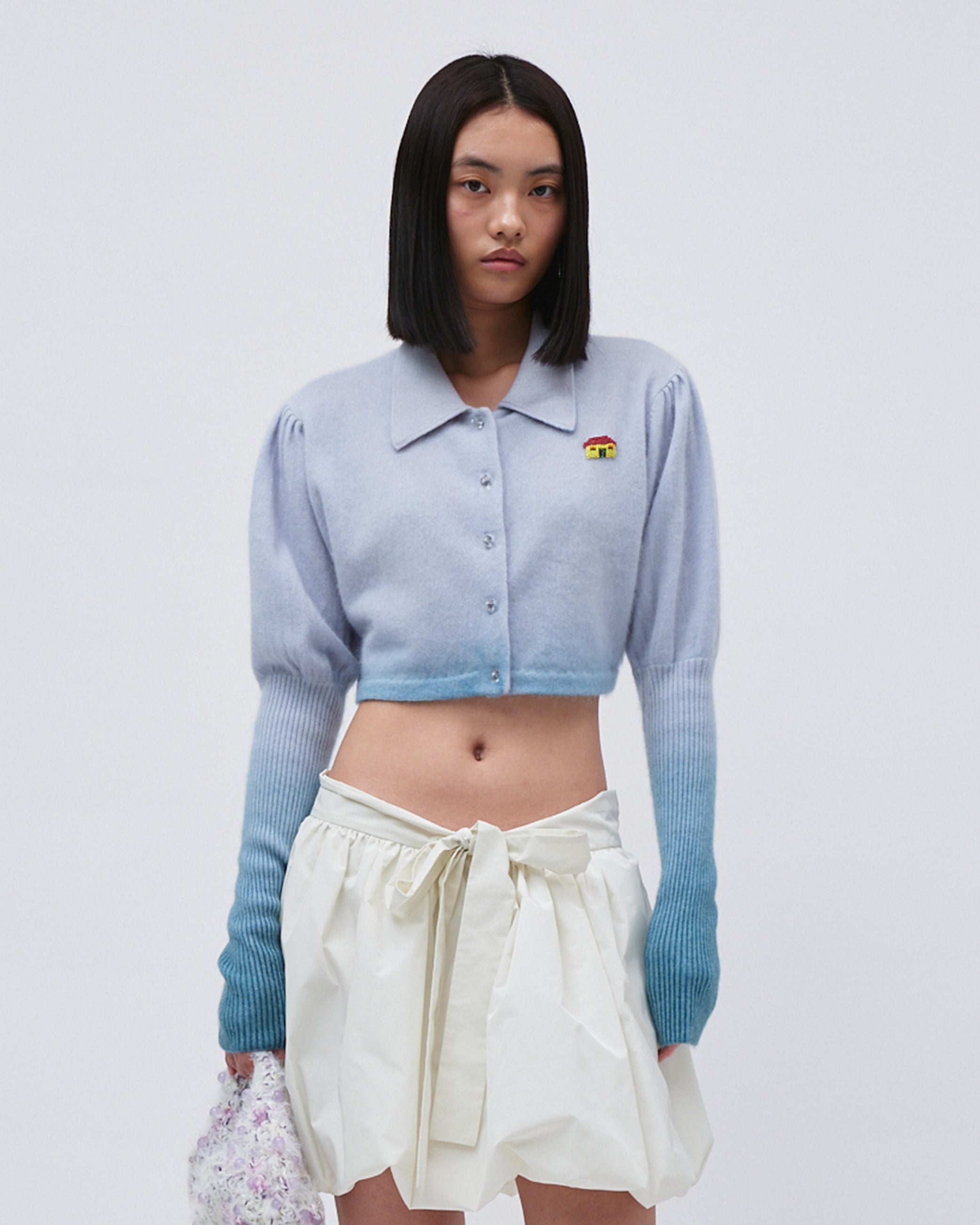 WOMENS JUMPER SWEATER TOP  KNITED BLUE GRADIENT WITH EMBROIDERY RELAXED CROPPED FIT, LEG OF MUTTON SLEEVE LONG SLEEVE WITH FRONT BUTTONS AND FLIP COLLAR