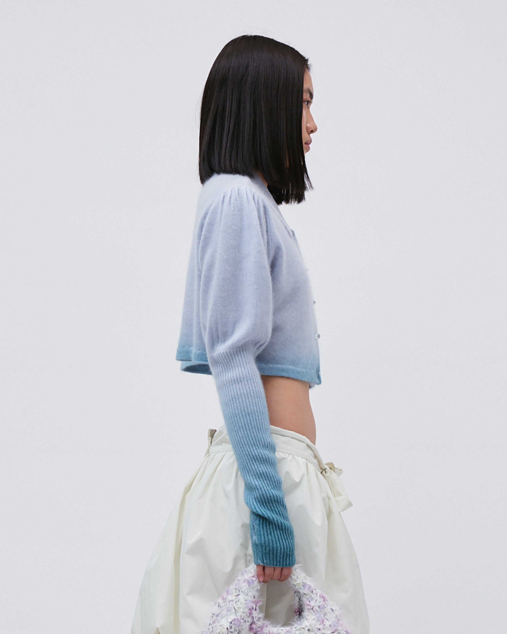 WOMENS JUMPER SWEATER TOP  KNITED BLUE GRADIENT WITH EMBROIDERY RELAXED CROPPED FIT, LEG OF MUTTON SLEEVE LONG SLEEVE WITH FRONT BUTTONS AND FLIP 