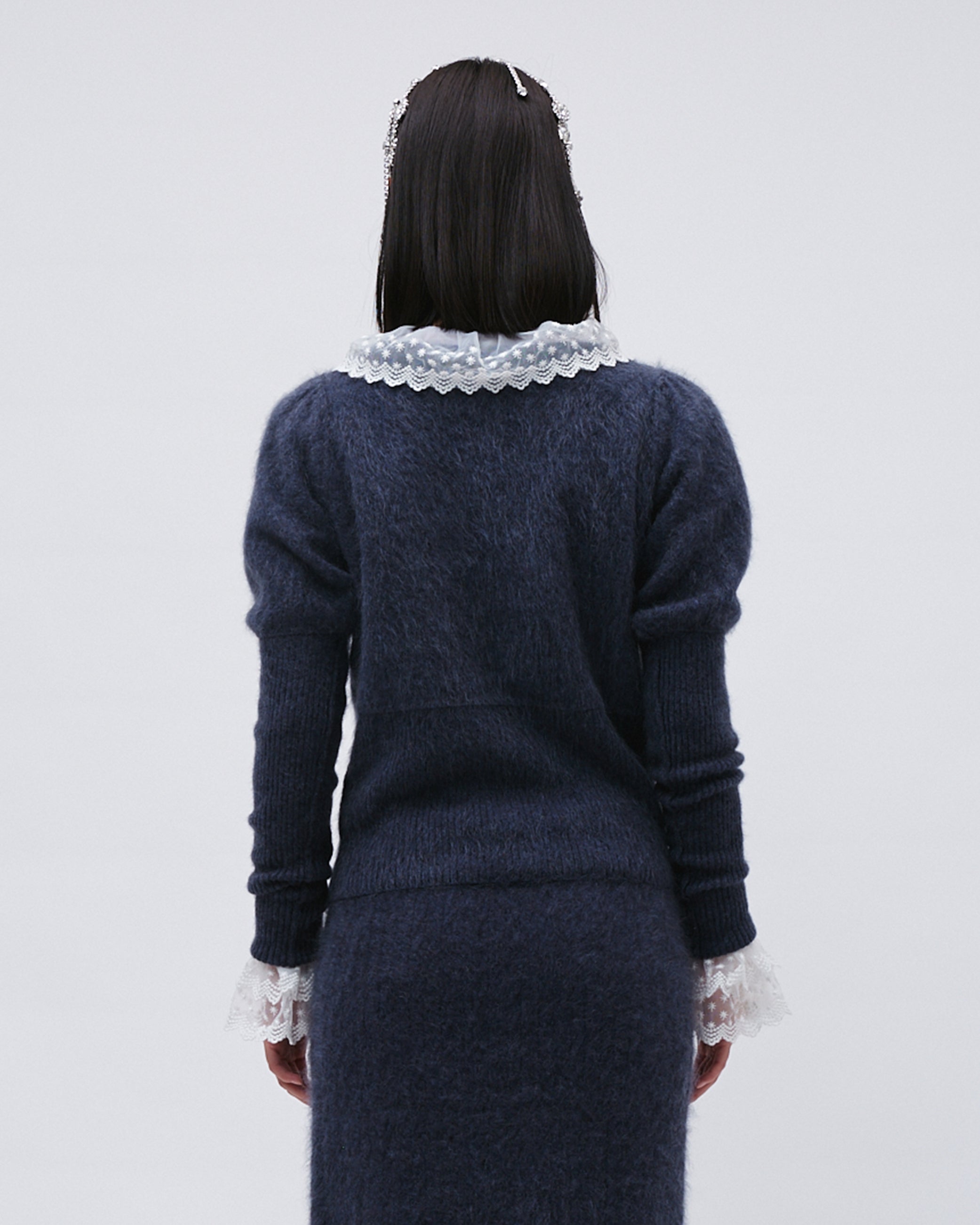 WOMENS KNIT TOP JUMPER SWEATER CASHMERE TOP NAVY WITH FRONT FLOWER EMBROIDERY AND LEG OF MUTTON SLEEVE AND RIB KNIT HEM