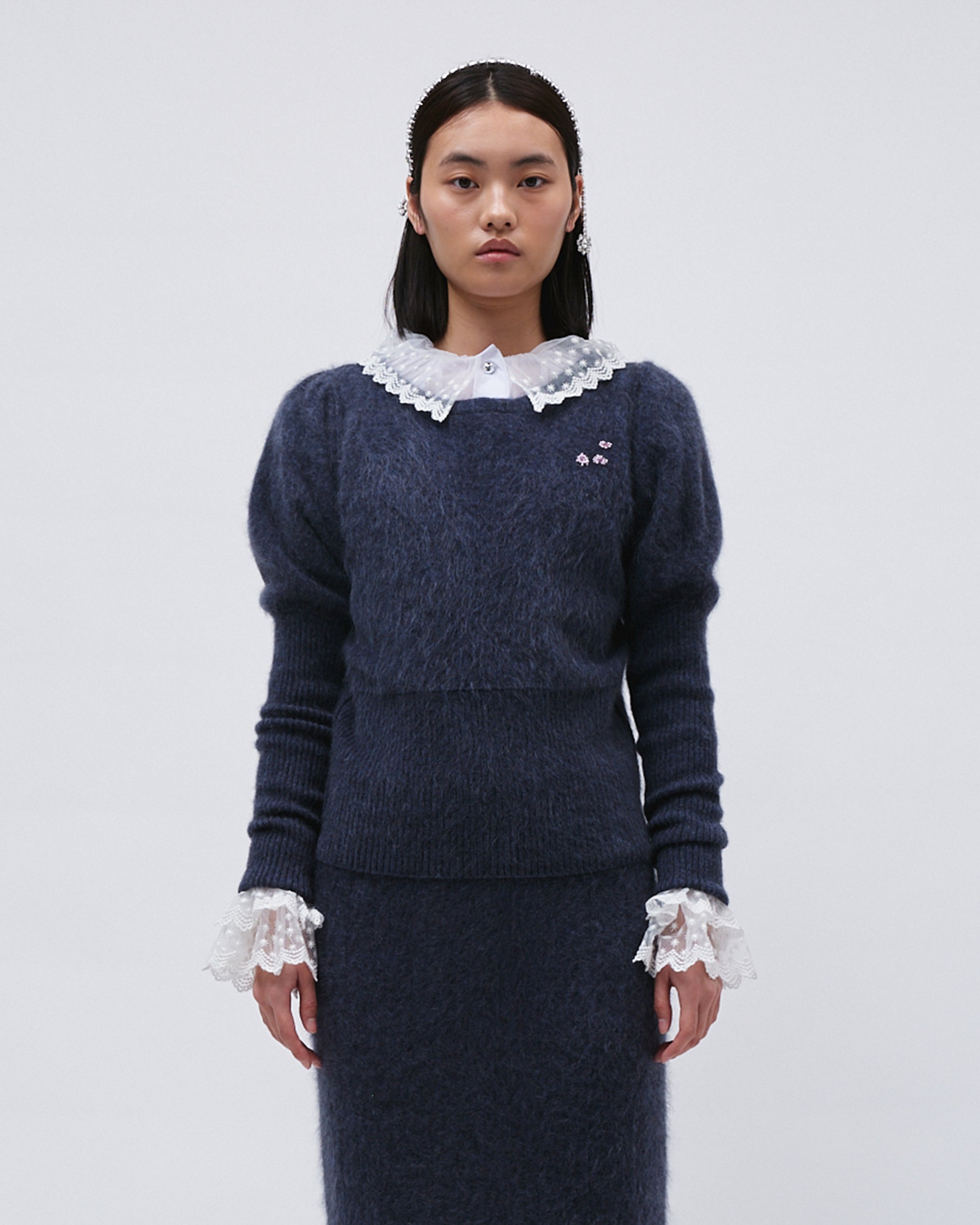 WOMENS KNIT TOP JUMPER SWEATER CASHMERE TOP NAVY WITH FRONT FLOWER EMBROIDERY AND LEG OF MUTTON SLEEVE AND RIB KNIT HEM