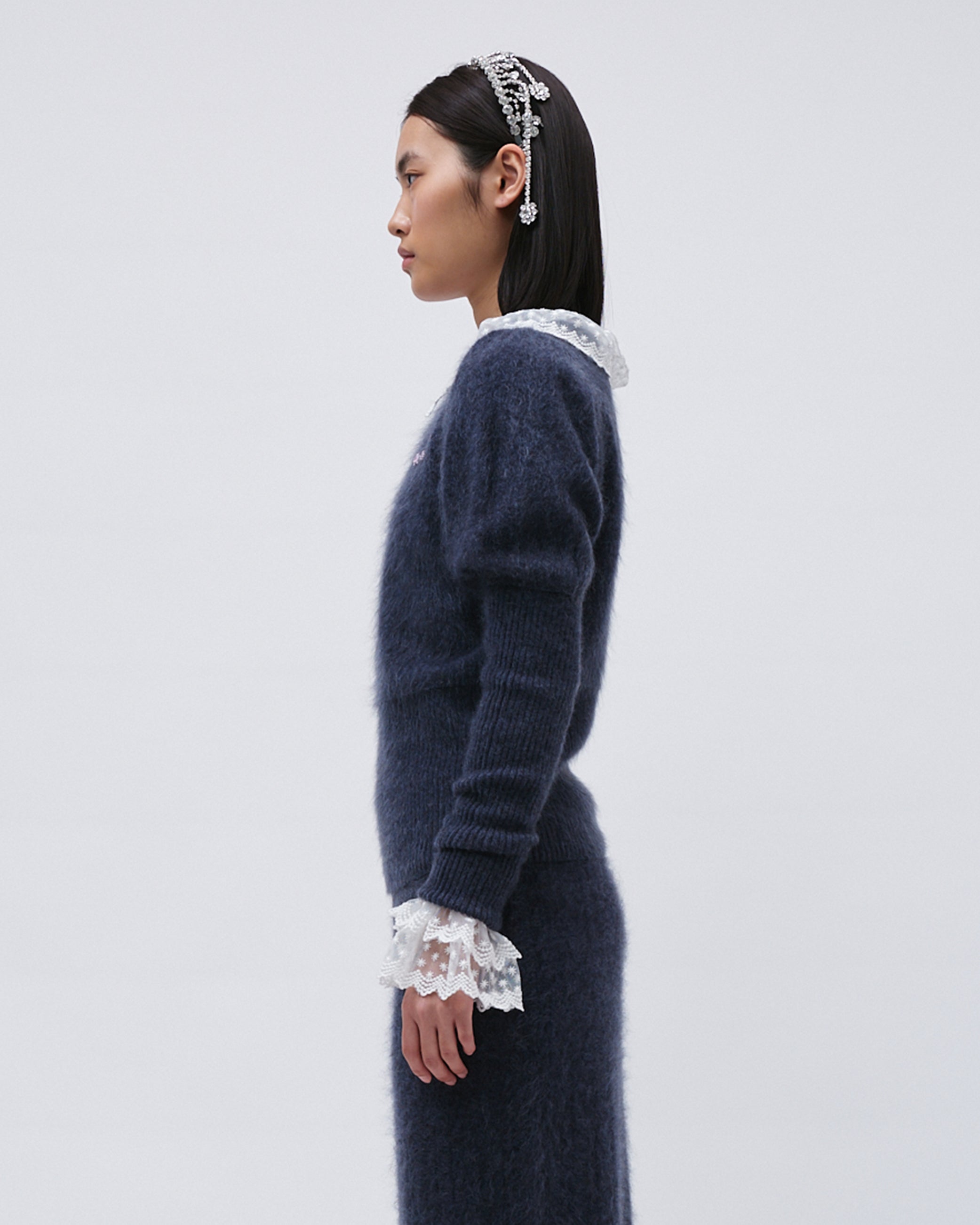 WOMENS KNIT TOP JUMPER SWEATER CASHMERE TOP NAVY WITH FRONT FLOWER EMBROIDERY AND LEG OF MUTTON SLEEVE AND RIB KNIT HEM