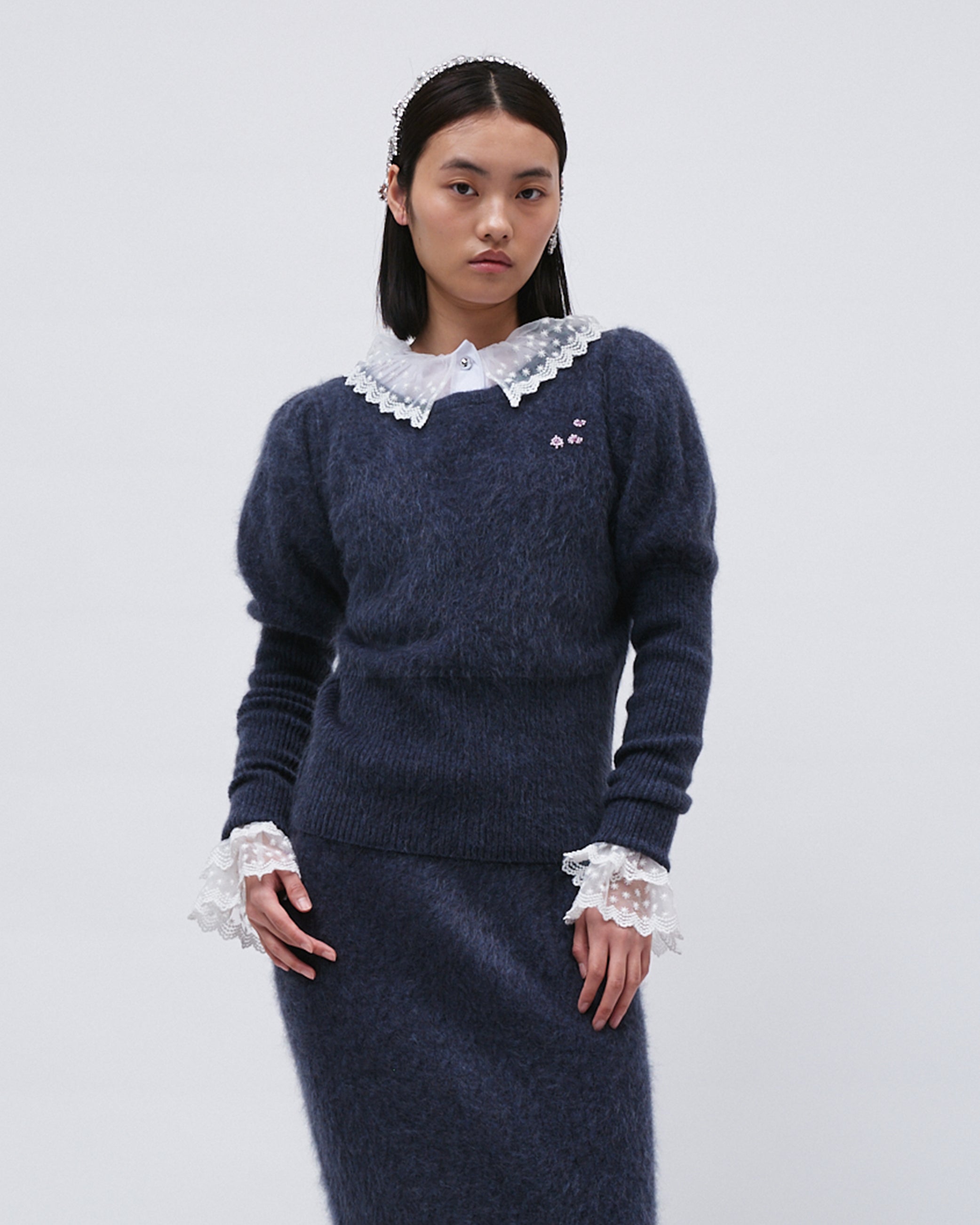 WOMENS KNIT TOP JUMPER SWEATER CASHMERE TOP NAVY WITH FRONT FLOWER EMBROIDERY AND LEG OF MUTTON SLEEVE AND RIB KNIT HEM
