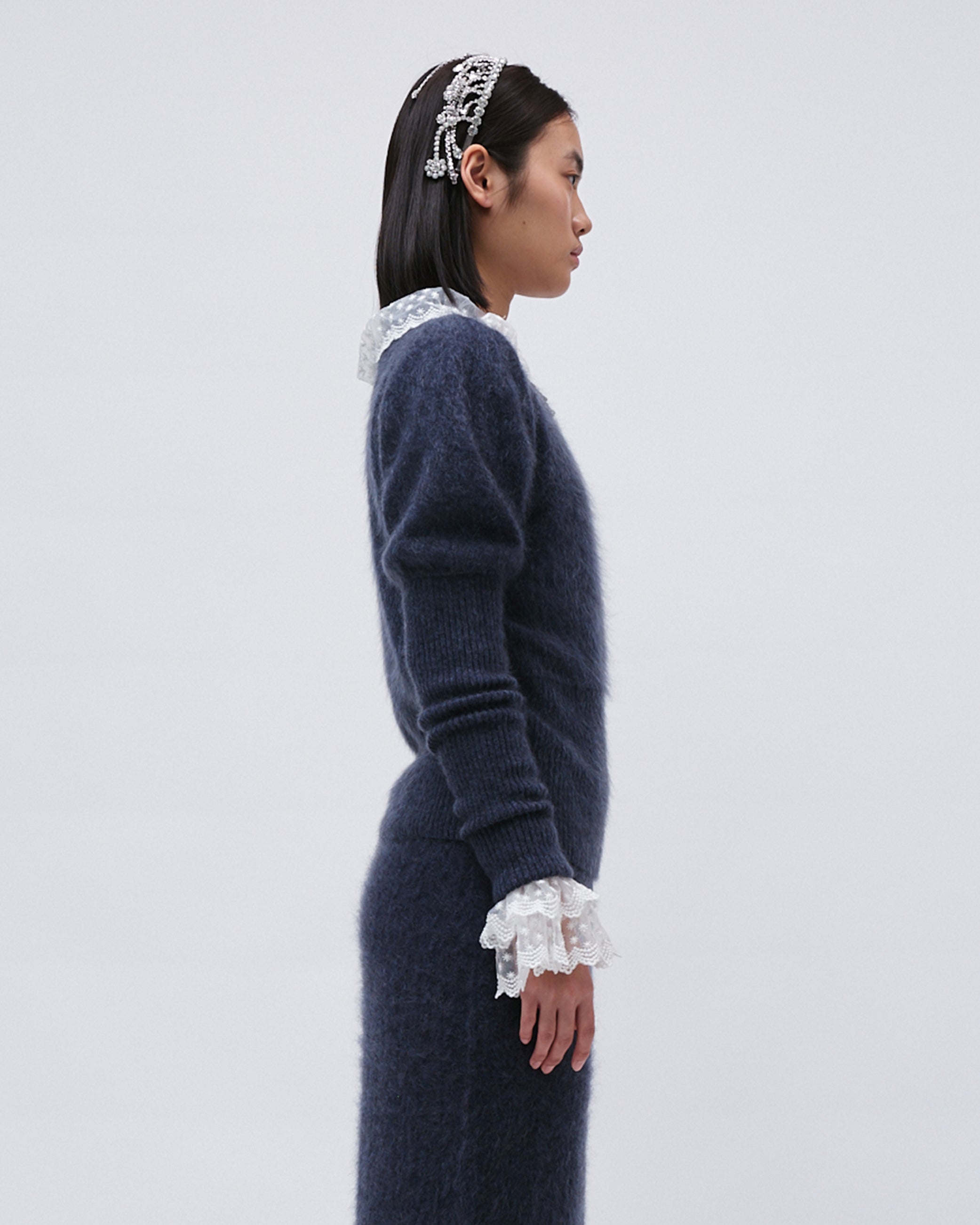 WOMENS KNIT TOP JUMPER SWEATER CASHMERE TOP NAVY WITH FRONT FLOWER EMBROIDERY AND LEG OF MUTTON SLEEVE AND RIB KNIT HEM