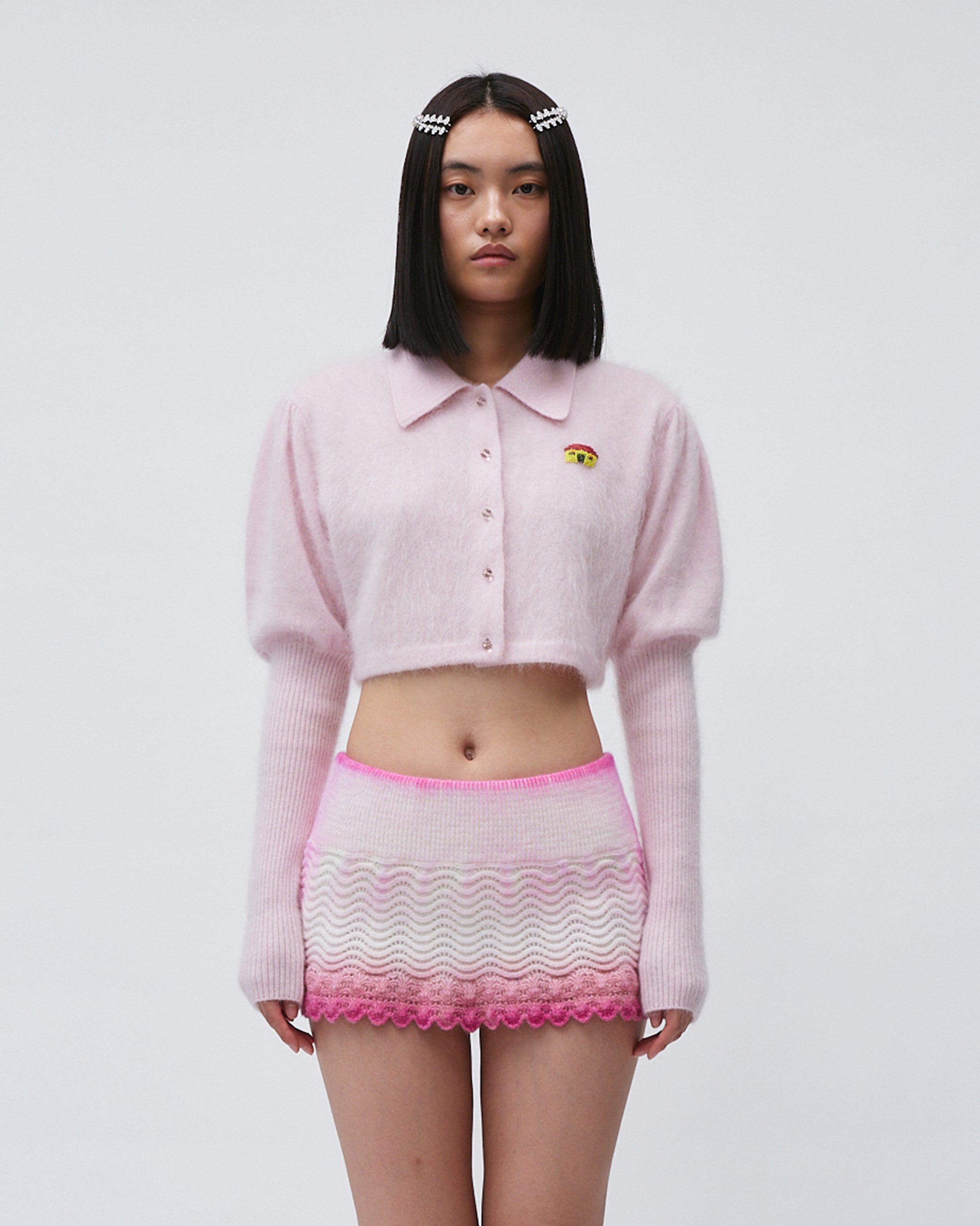 WOMENS JUMPER SWEATER TOP  KNITED PINK WITH EMBROIDERY RELAXED CROPPED FIT, LEG OF MUTTON SLEEVE LONG SLEEVE WITH FRONT BUTTONS AND FLIP COLLAR