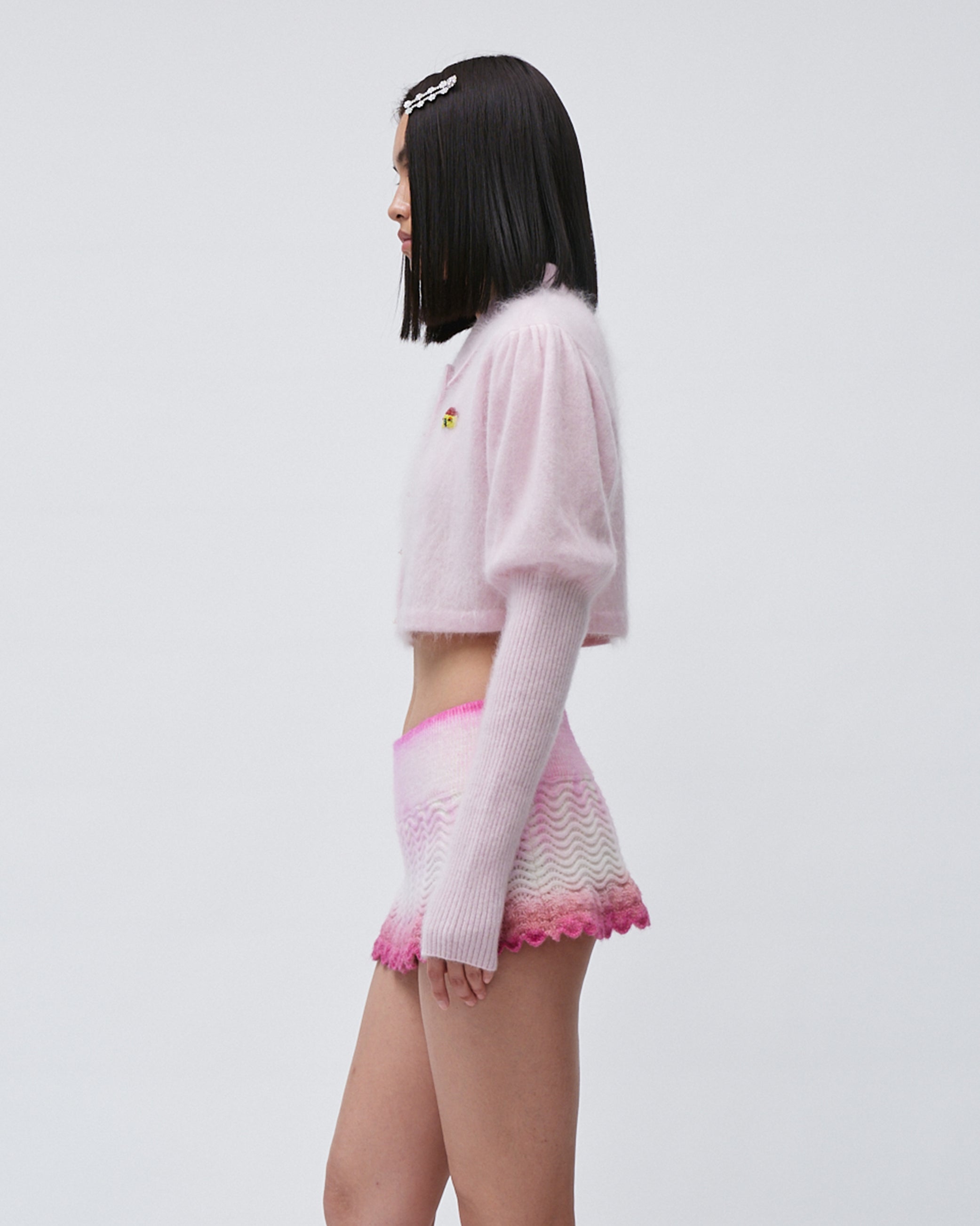 WOMENS JUMPER SWEATER TOP  KNITED PINK WITH EMBROIDERY RELAXED CROPPED FIT, LEG OF MUTTON SLEEVE LONG SLEEVE WITH FRONT BUTTONS AND FLIP COLLAR