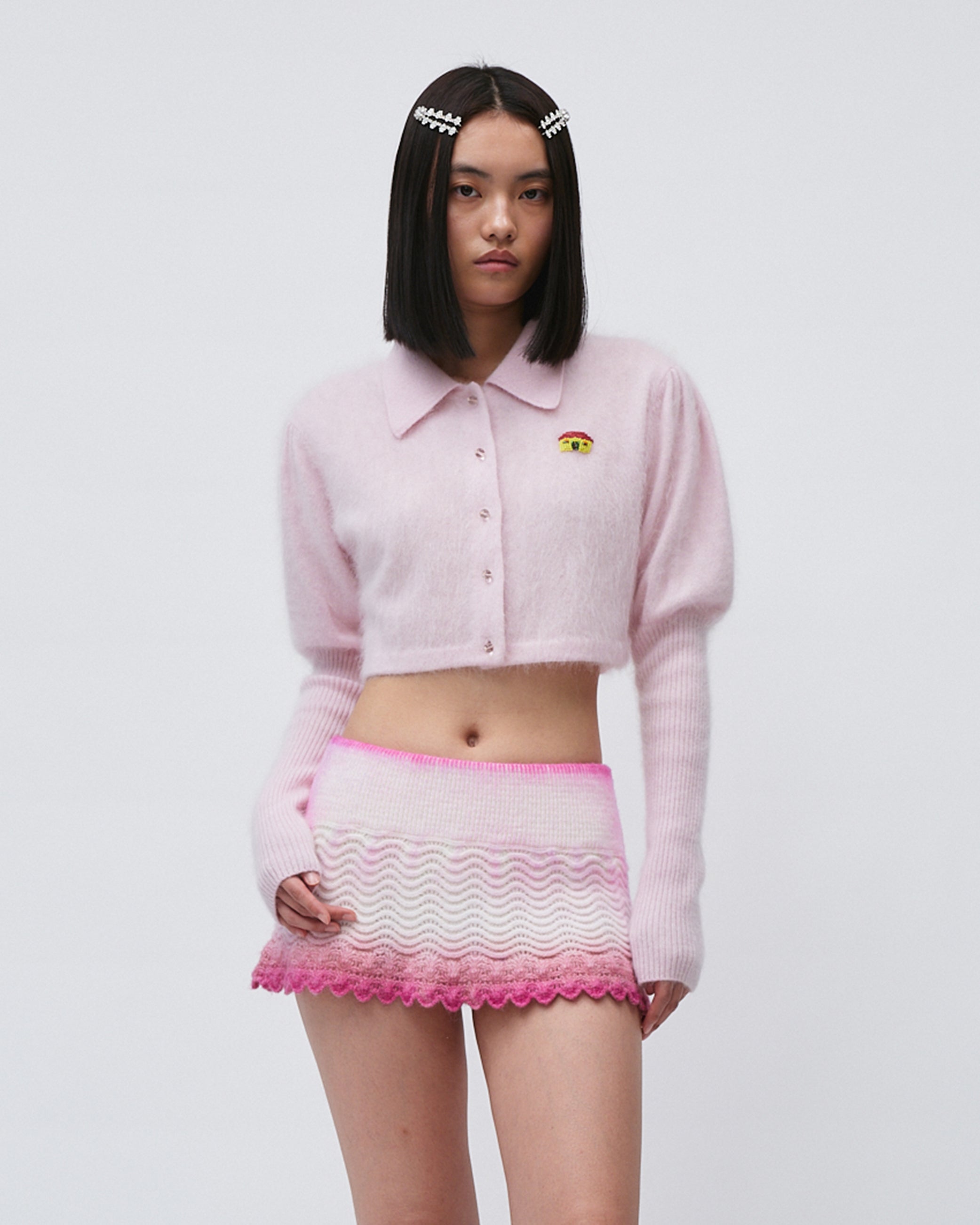 WOMENS JUMPER SWEATER TOP  KNITED PINK WITH EMBROIDERY RELAXED CROPPED FIT, LEG OF MUTTON SLEEVE LONG SLEEVE WITH FRONT BUTTONS AND FLIP COLLAR