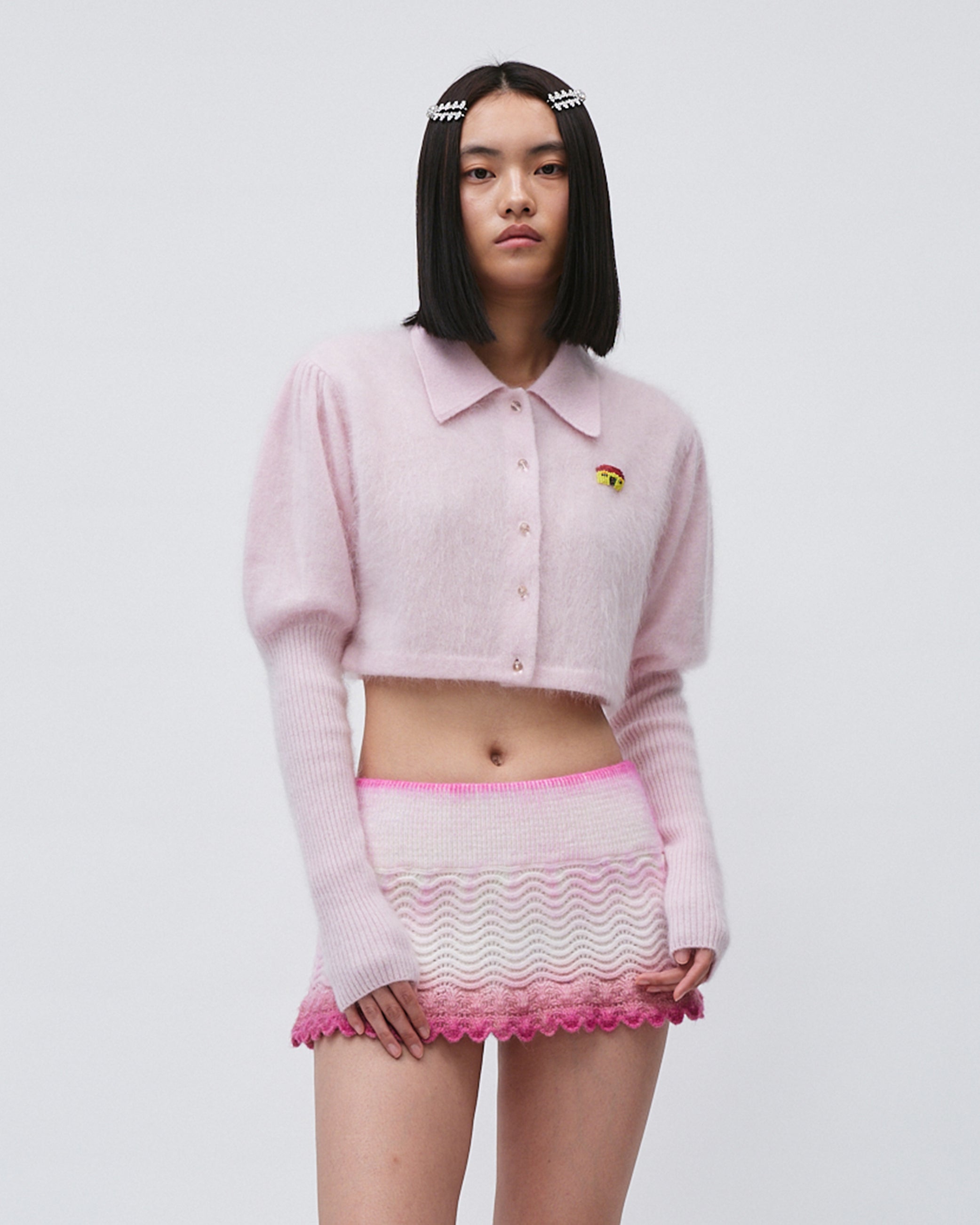WOMENS JUMPER SWEATER TOP  KNITED PINK WITH EMBROIDERY RELAXED CROPPED FIT, LEG OF MUTTON SLEEVE LONG SLEEVE WITH FRONT BUTTONS AND FLIP COLLAR
