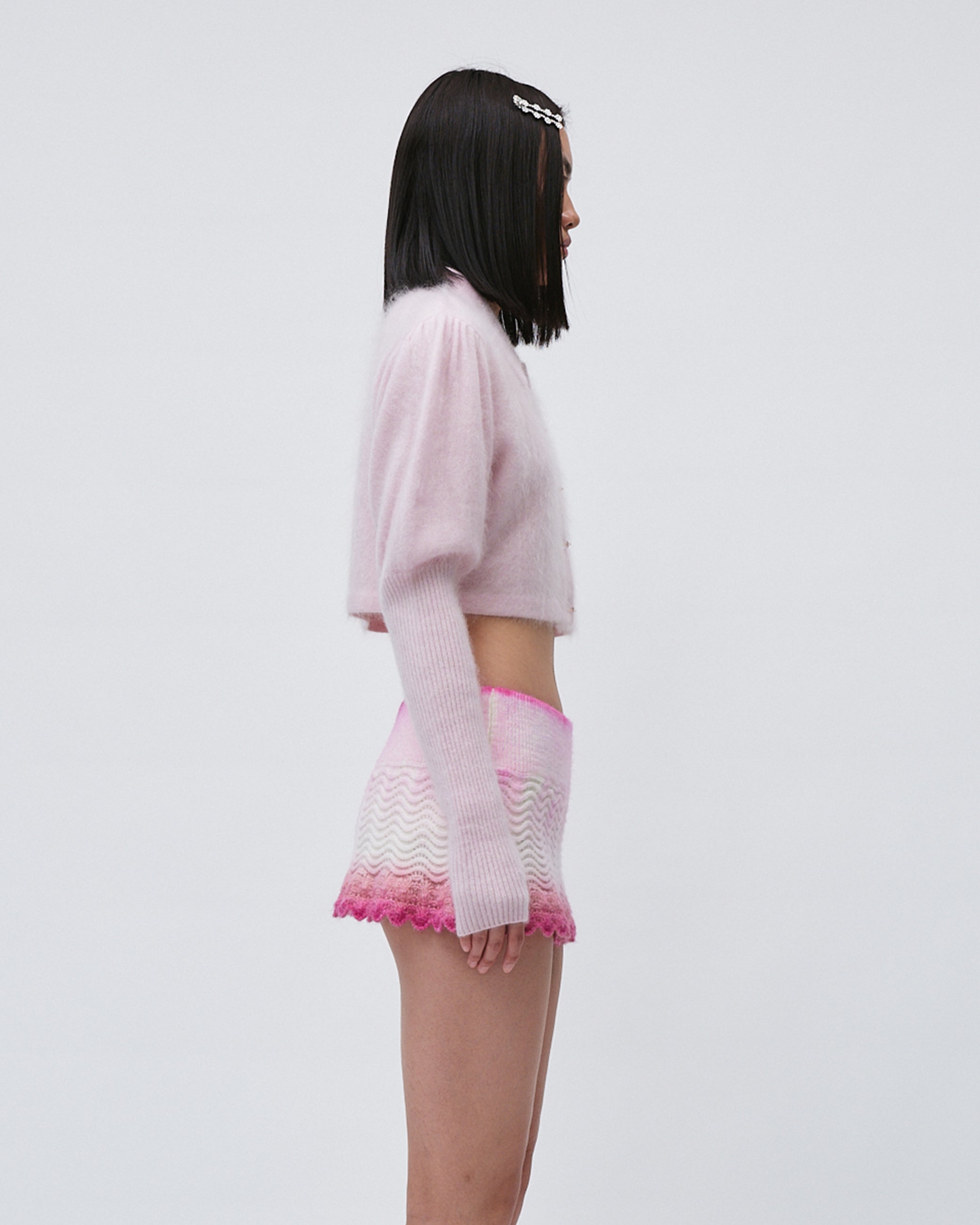 WOMENS JUMPER SWEATER TOP  KNITED PINK WITH EMBROIDERY RELAXED CROPPED FIT, LEG OF MUTTON SLEEVE LONG SLEEVE WITH FRONT BUTTONS AND FLIP COLLAR