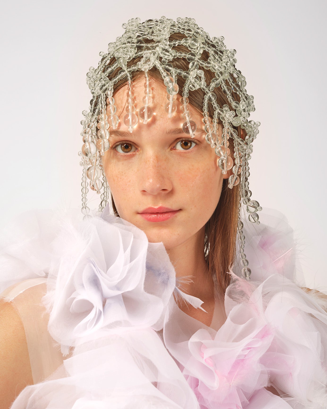 WHITE FEATHER ORGANZA LAYERED MAXI BRIDAL WEDDING DRESS AND HEAD PIECES