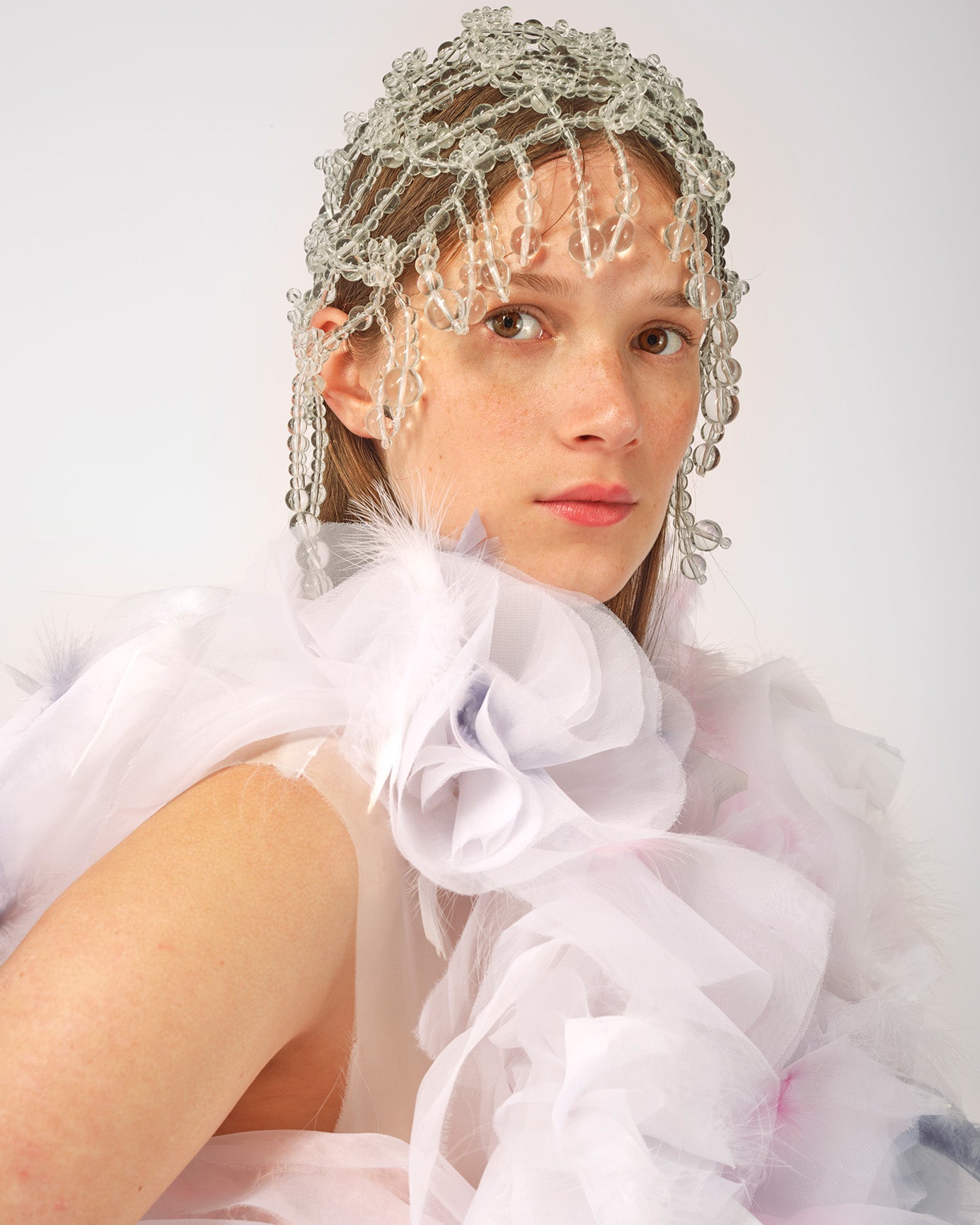 WHITE FEATHER ORGANZA LAYERED MAXI BRIDAL WEDDING DRESS AND HEAD PIECES