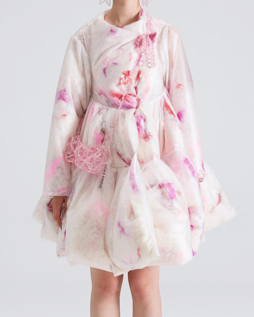 WOMEN GIRL MINI LONG SLEEVE PUFFER FEATHER PUFF A LINE DRESS COAT PINK