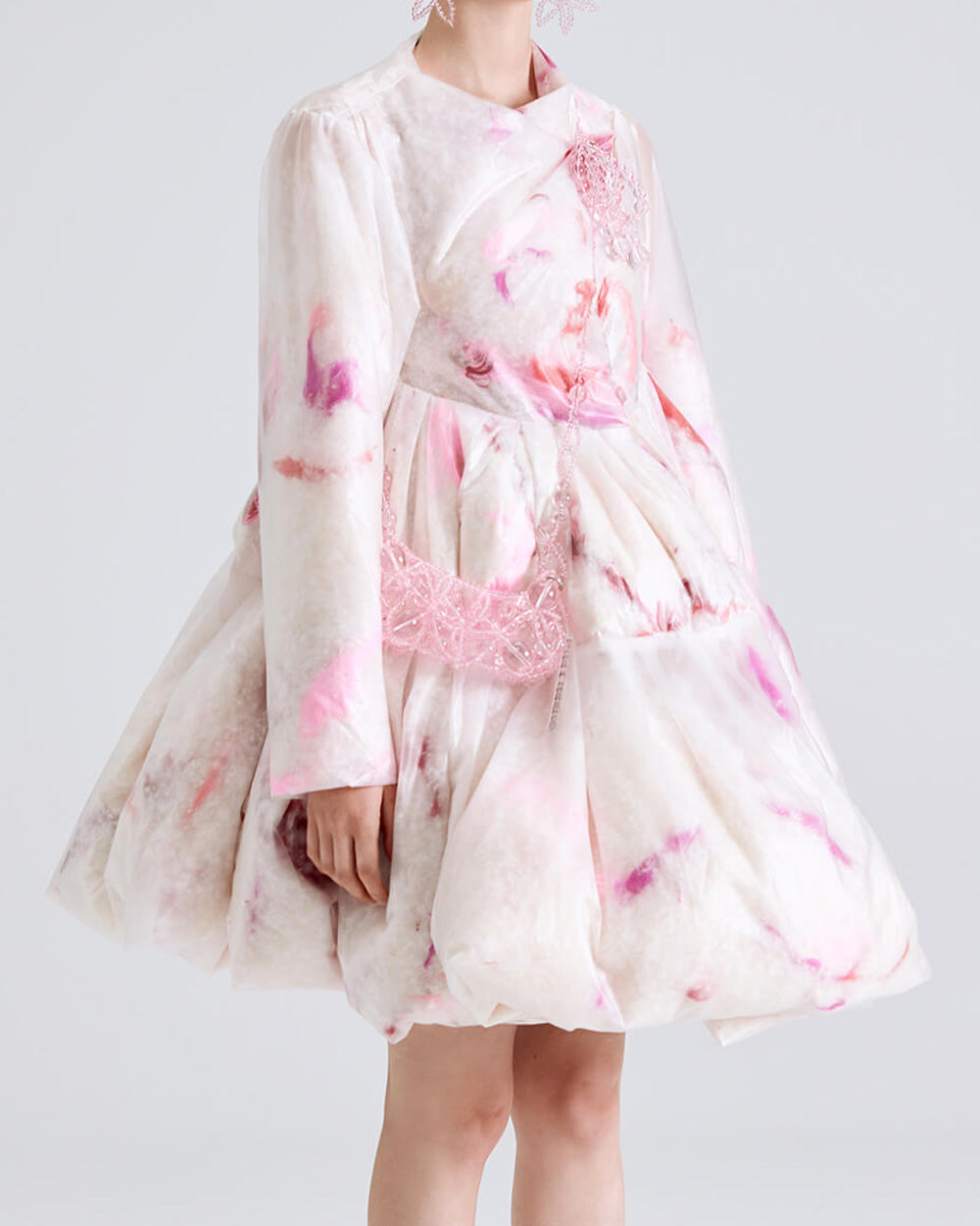 WOMEN GIRL MINI LONG SLEEVE PUFFER FEATHER PUFF A LINE DRESS COAT PINK