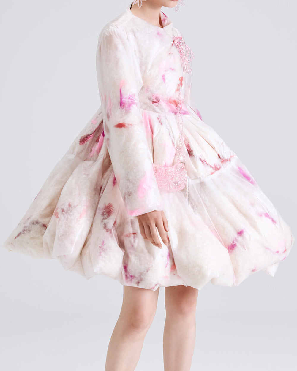 WOMEN GIRL MINI LONG SLEEVE PUFFER FEATHER PUFF A LINE DRESS COAT PINK