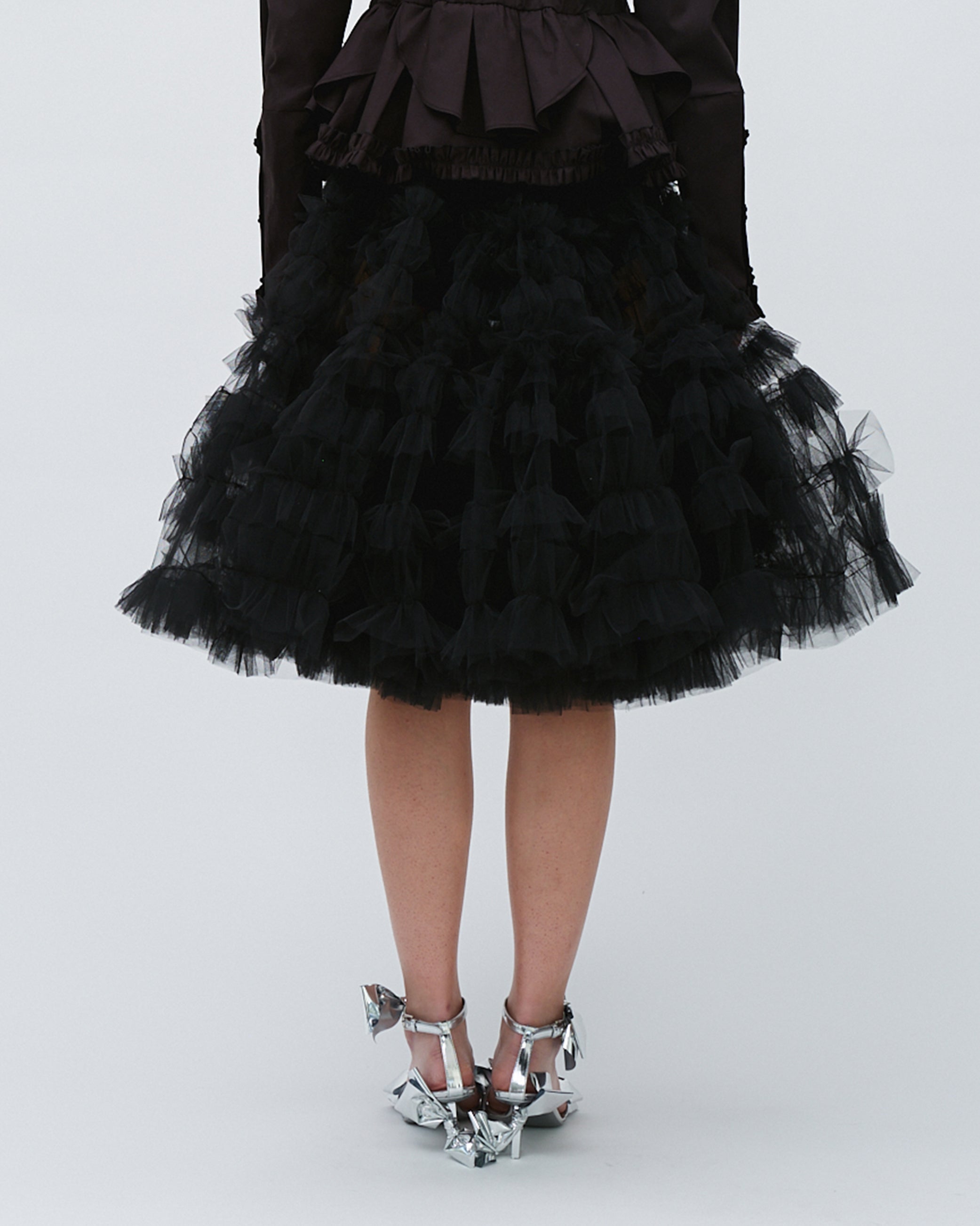 WOMENS BLACK MIDI KNEE LENGTH SKIRT WITH TIERED RUFFLES GATHERING  AND ELASTIC WAISTBAND