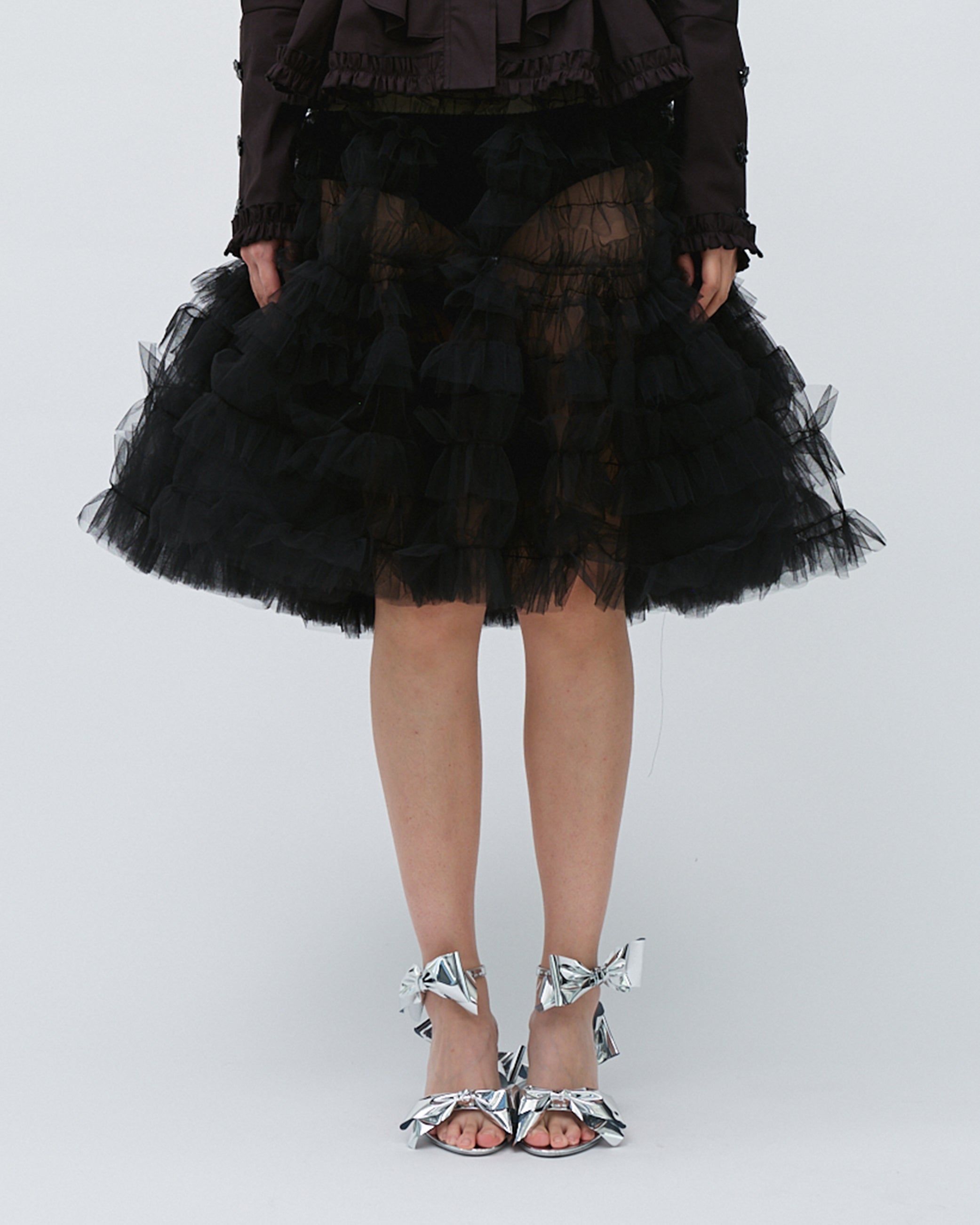 WOMENS BLACK MIDI KNEE LENGTH SKIRT WITH TIERED RUFFLES GATHERING  AND ELASTIC WAISTBAND