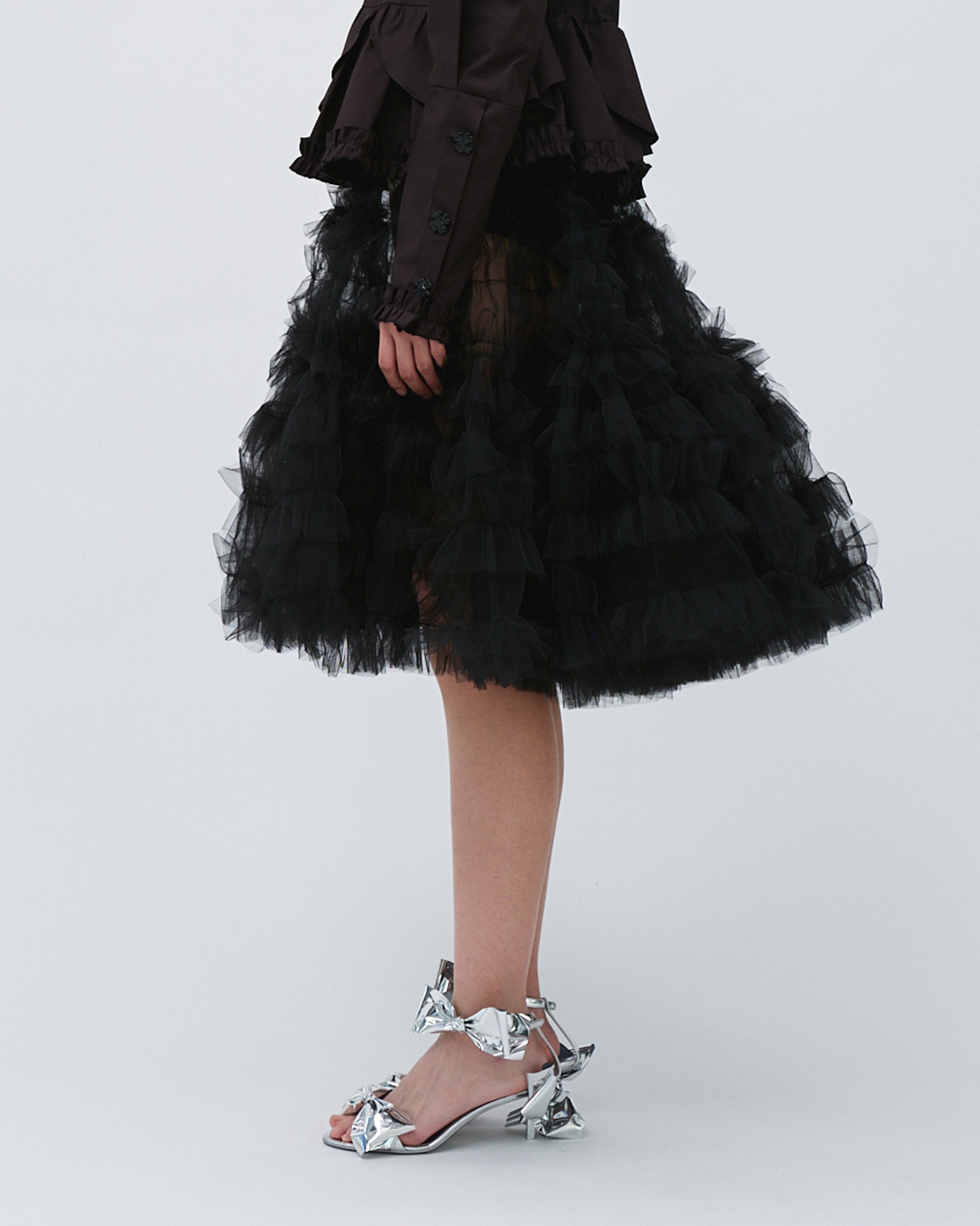 WOMENS BLACK MIDI KNEE LENGTH SKIRT WITH TIERED RUFFLES GATHERING  AND ELASTIC WAISTBAND 