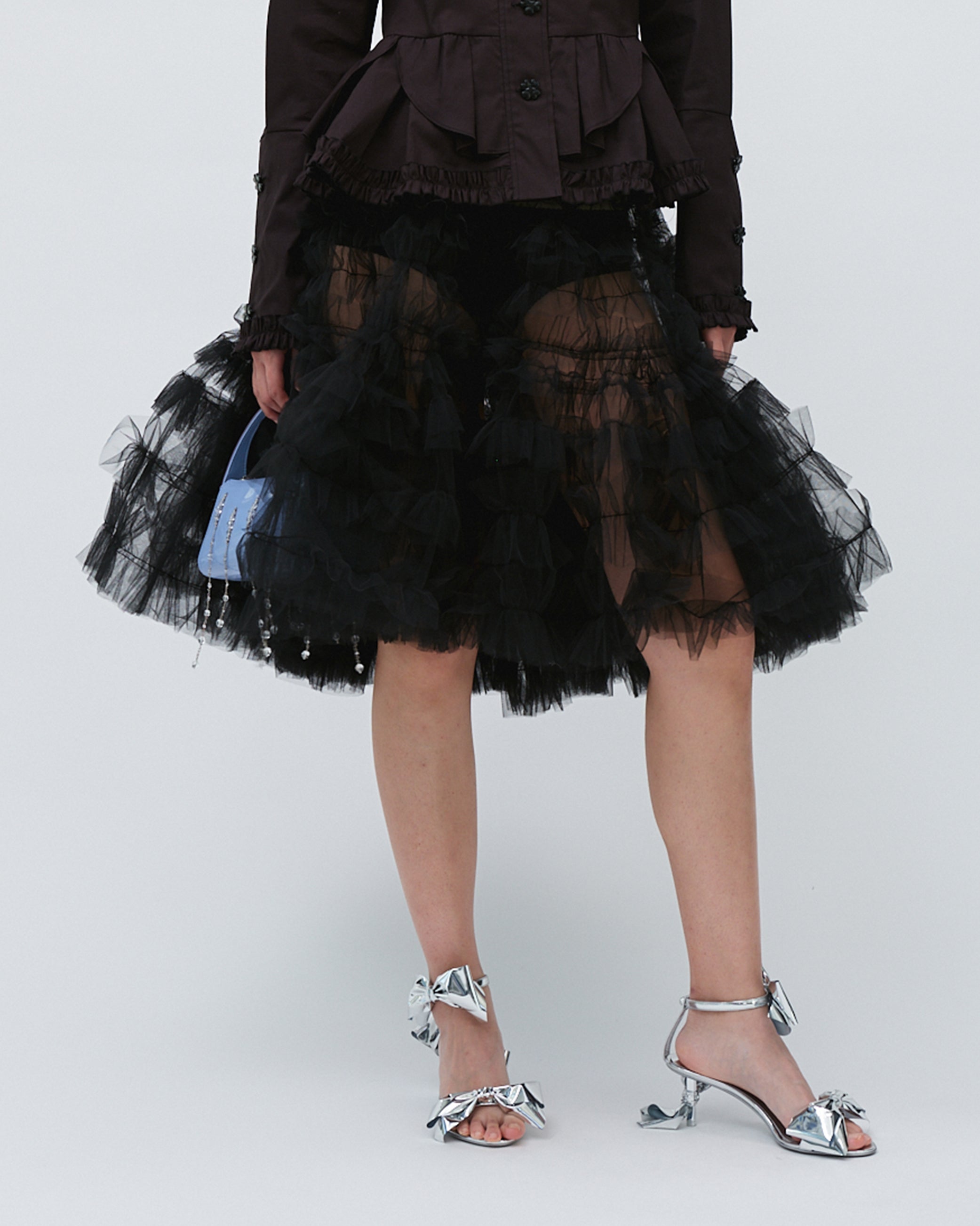 WOMENS BLACK MIDI KNEE LENGTH SKIRT WITH TIERED RUFFLES GATHERING  AND ELASTIC WAISTBAND