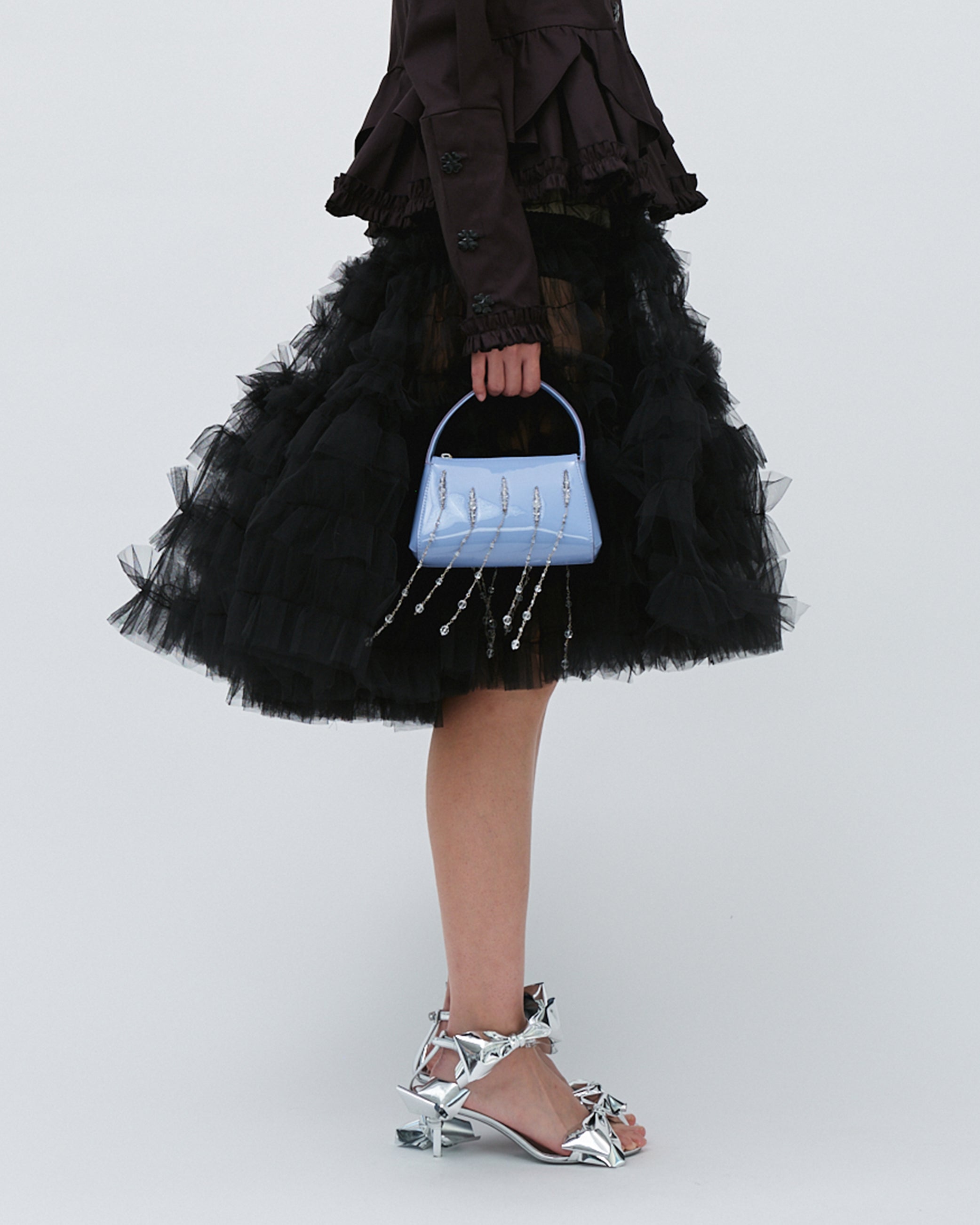 WOMENS BLACK MIDI KNEE LENGTH SKIRT WITH TIERED RUFFLES GATHERING  AND ELASTIC WAISTBAND