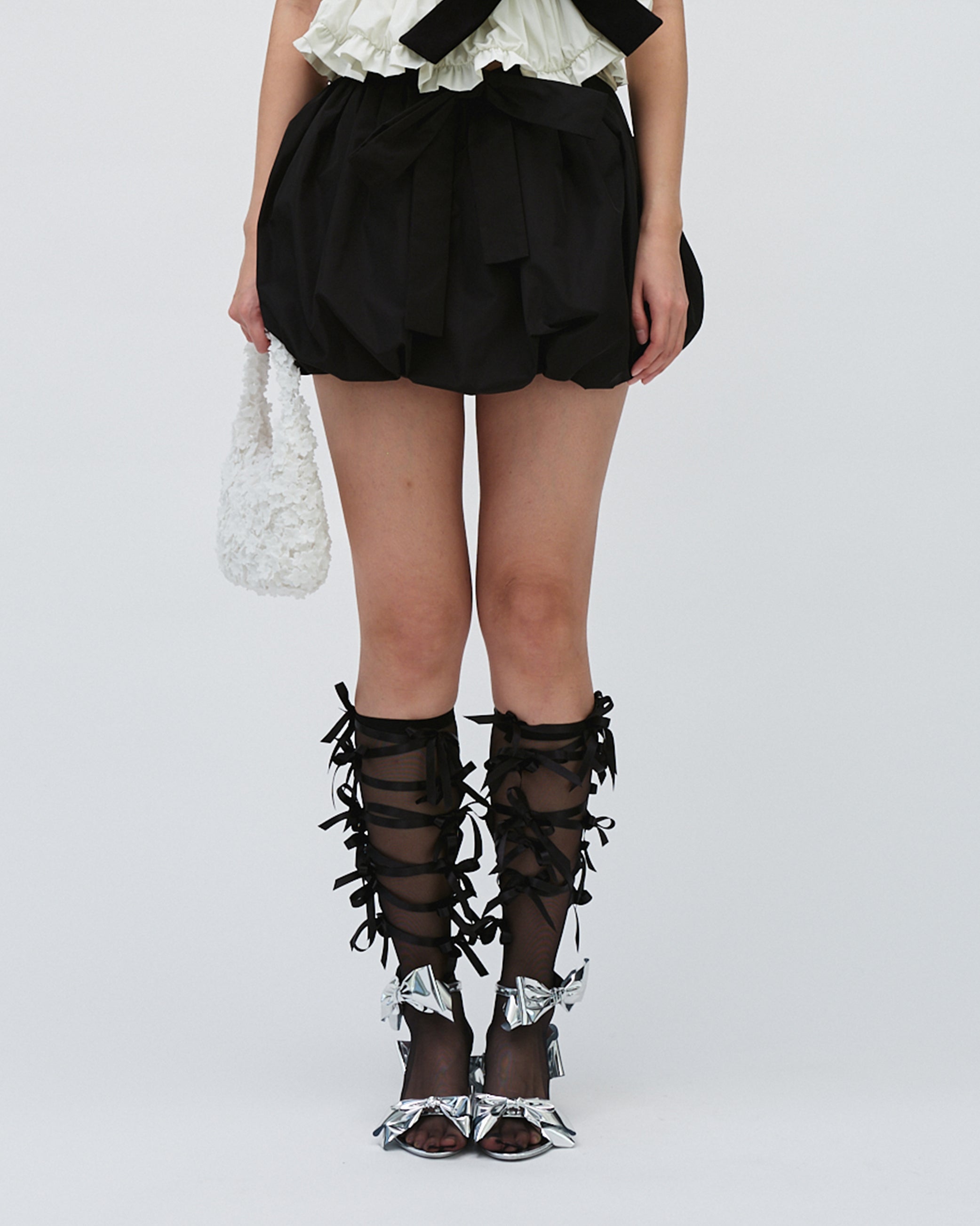 WOMENS PUFF MINI SHORTS WITH BOW TIES AT WAIST BLACK