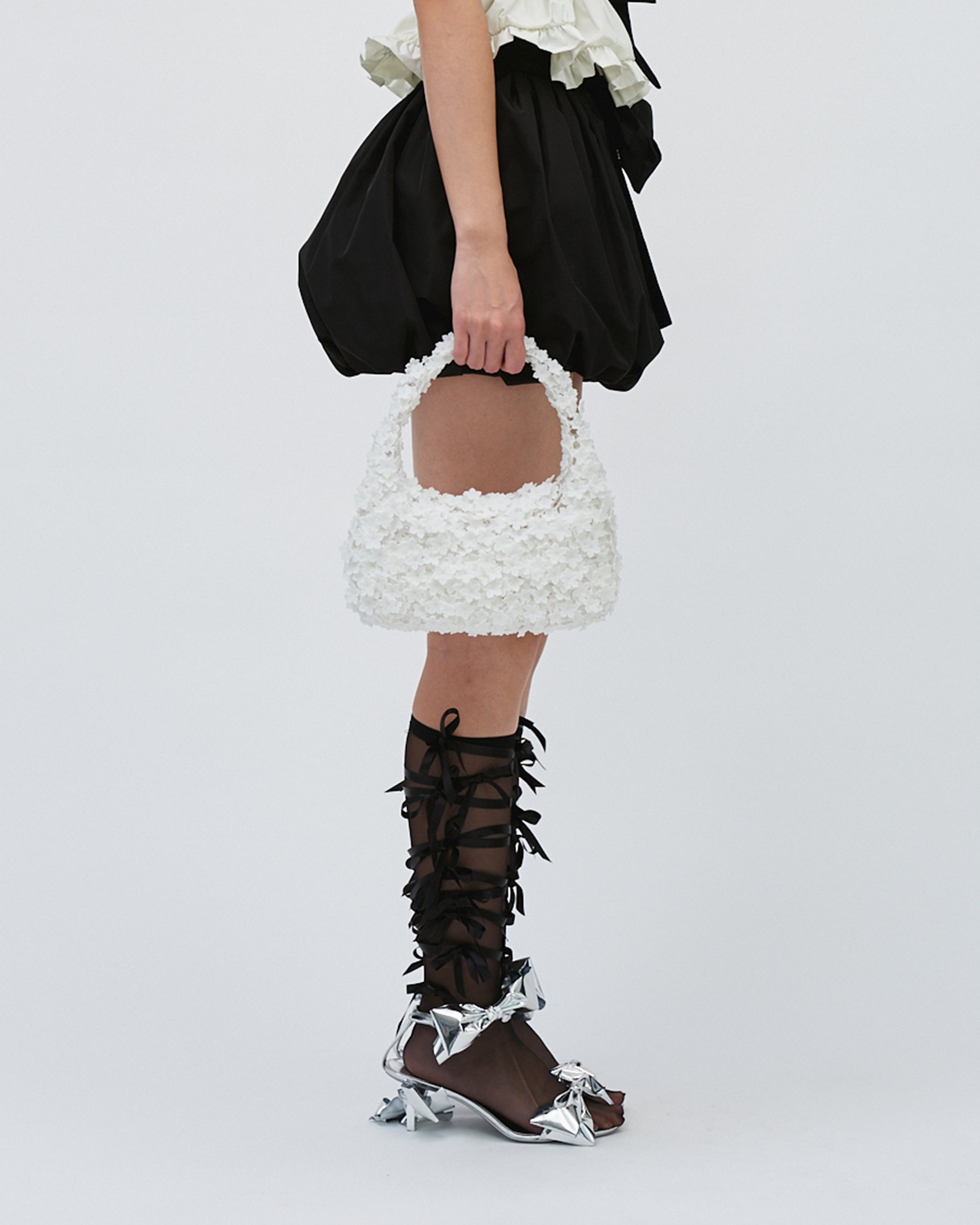 WOMENS PUFF MINI SHORTS WITH BOW TIES AT WAIST BLACK