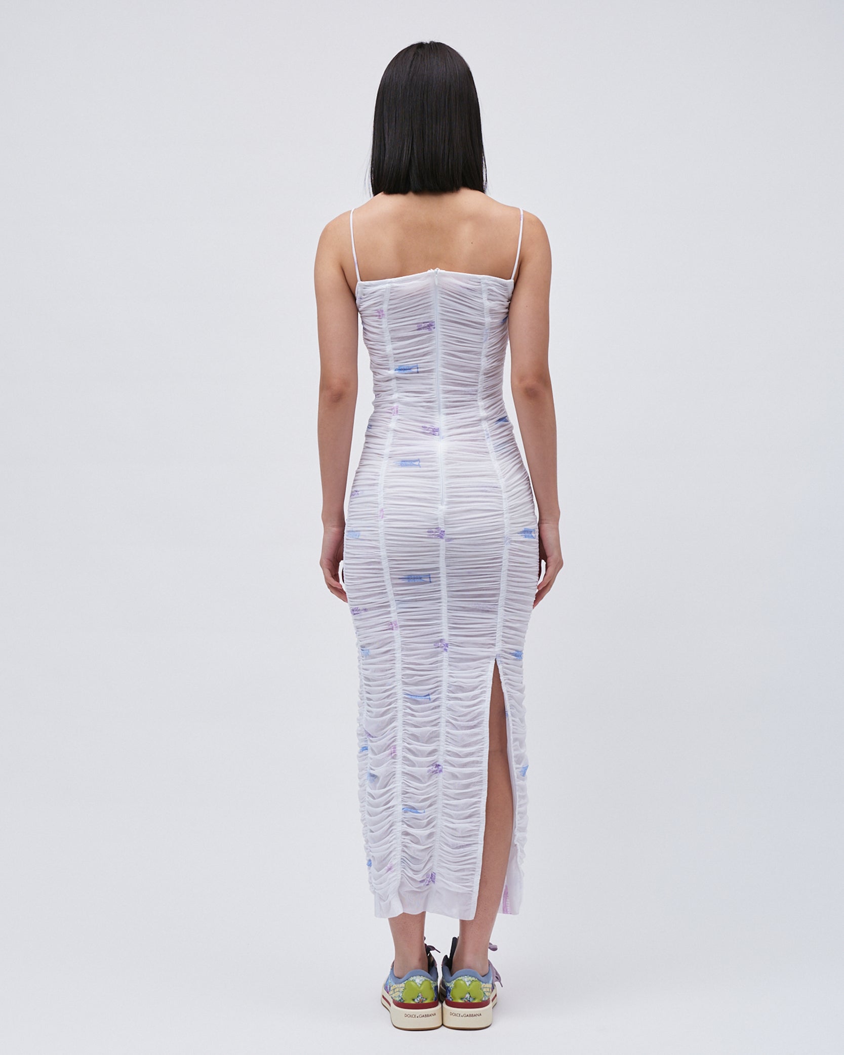 WOMENS SLIT DRESS WHITE PRINTED FLORAL GATHERING DRESS WITH FRONT AND BACK SLITS 