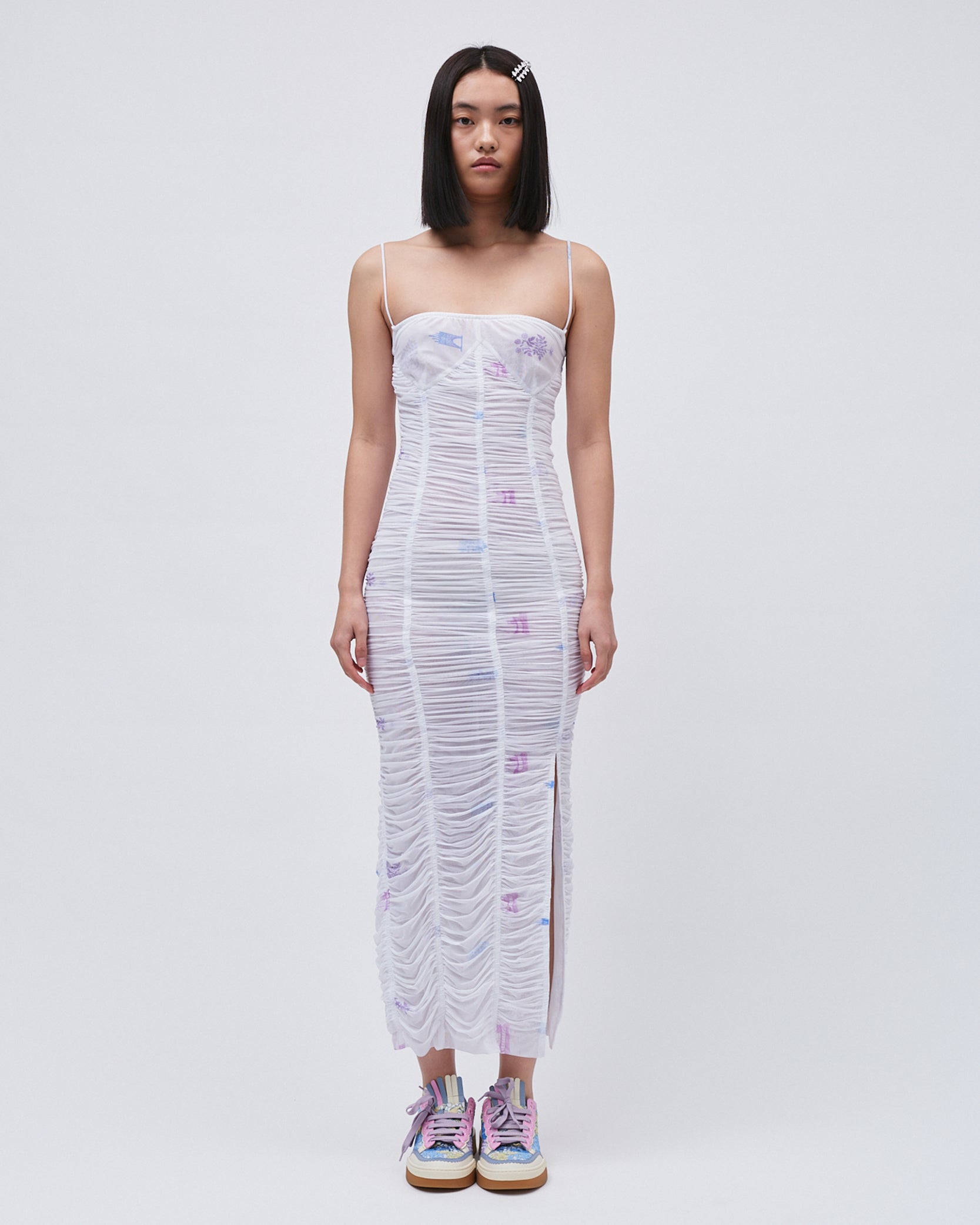 WOMENS SLIT DRESS WHITE PRINTED FLORAL GATHERING DRESS WITH FRONT AND BACK SLITS 