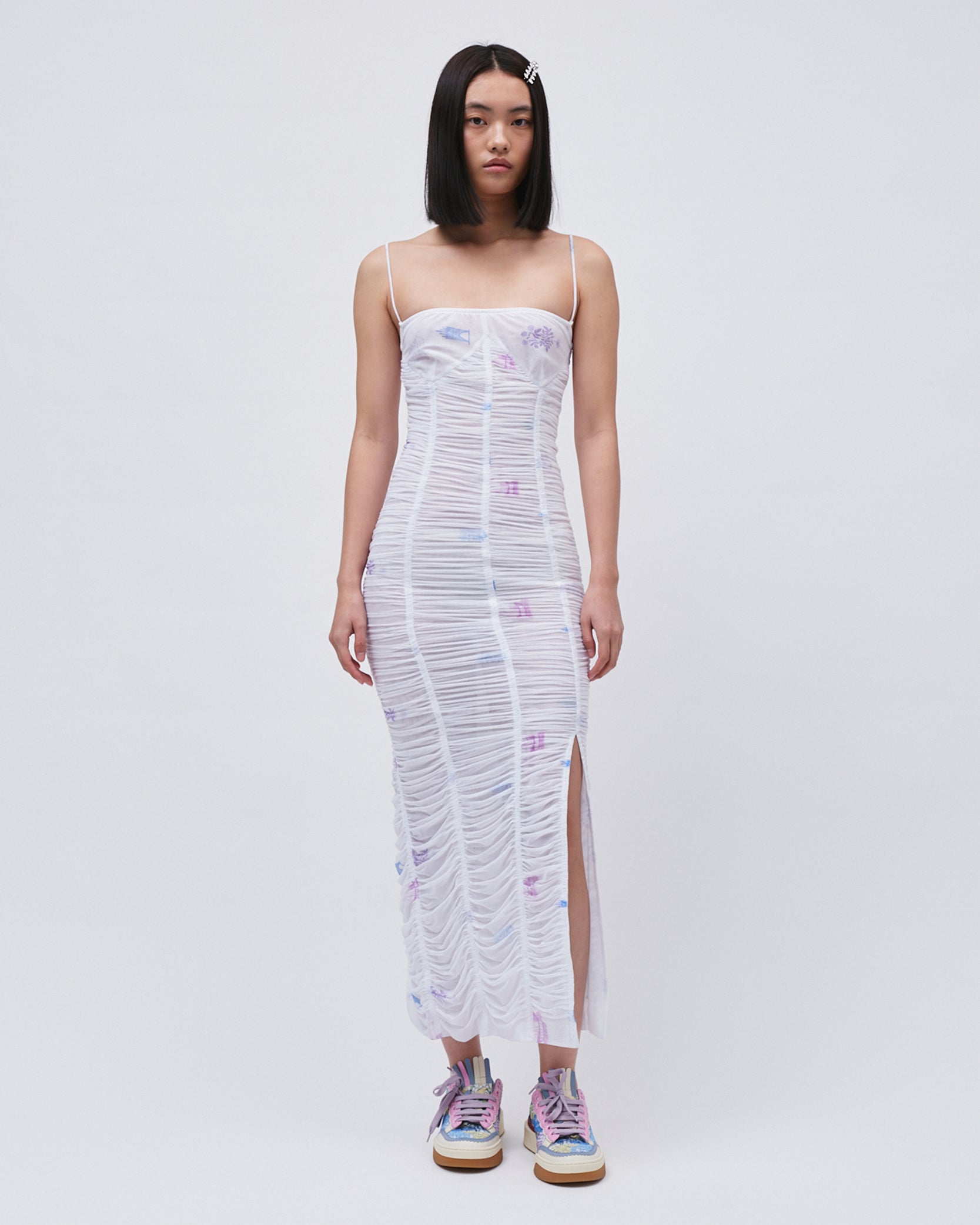WOMENS SLIT DRESS WHITE PRINTED FLORAL GATHERING DRESS WITH FRONT AND BACK SLITS 