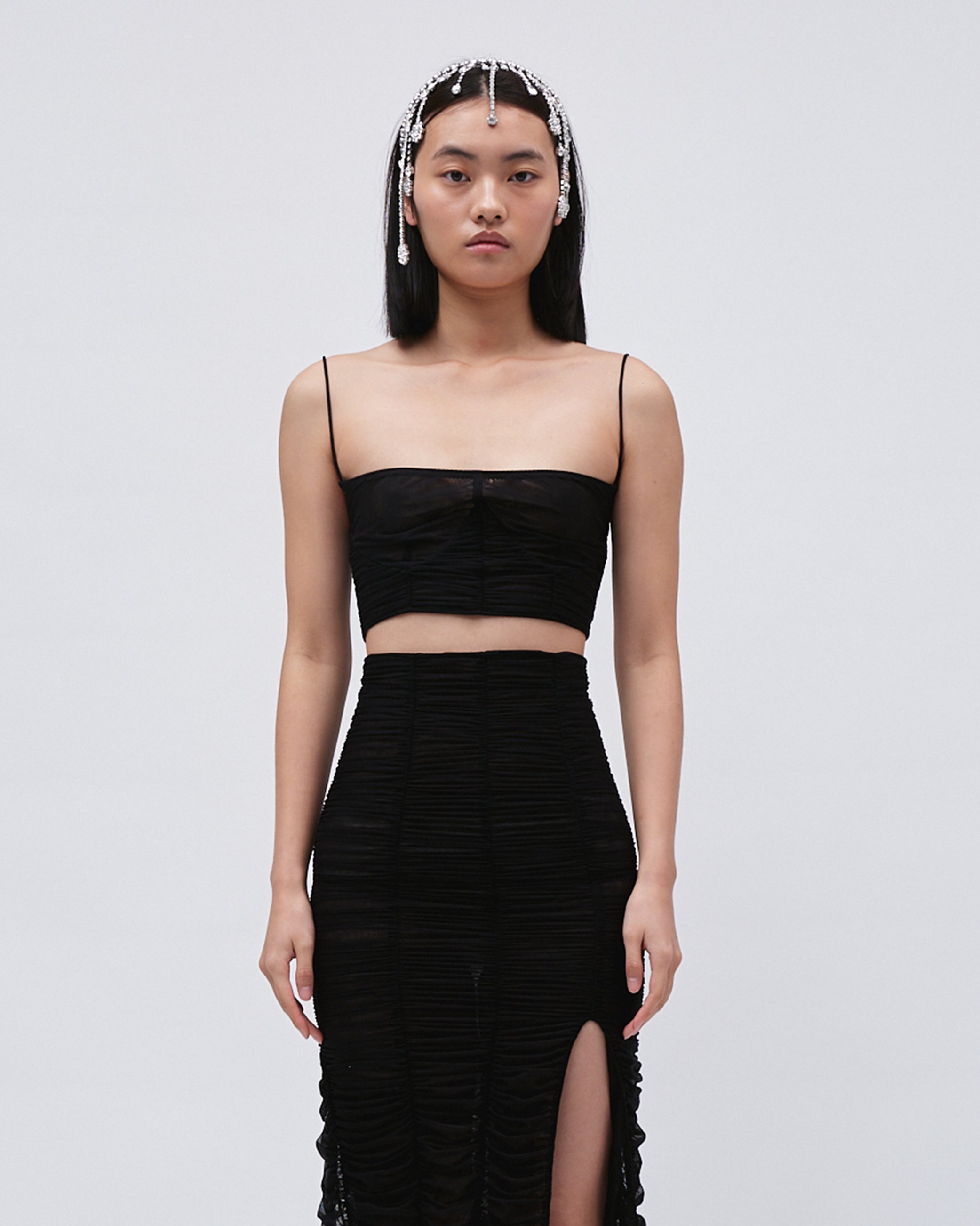WOMEN'S TOP GATHERED CROP TOP BLACK