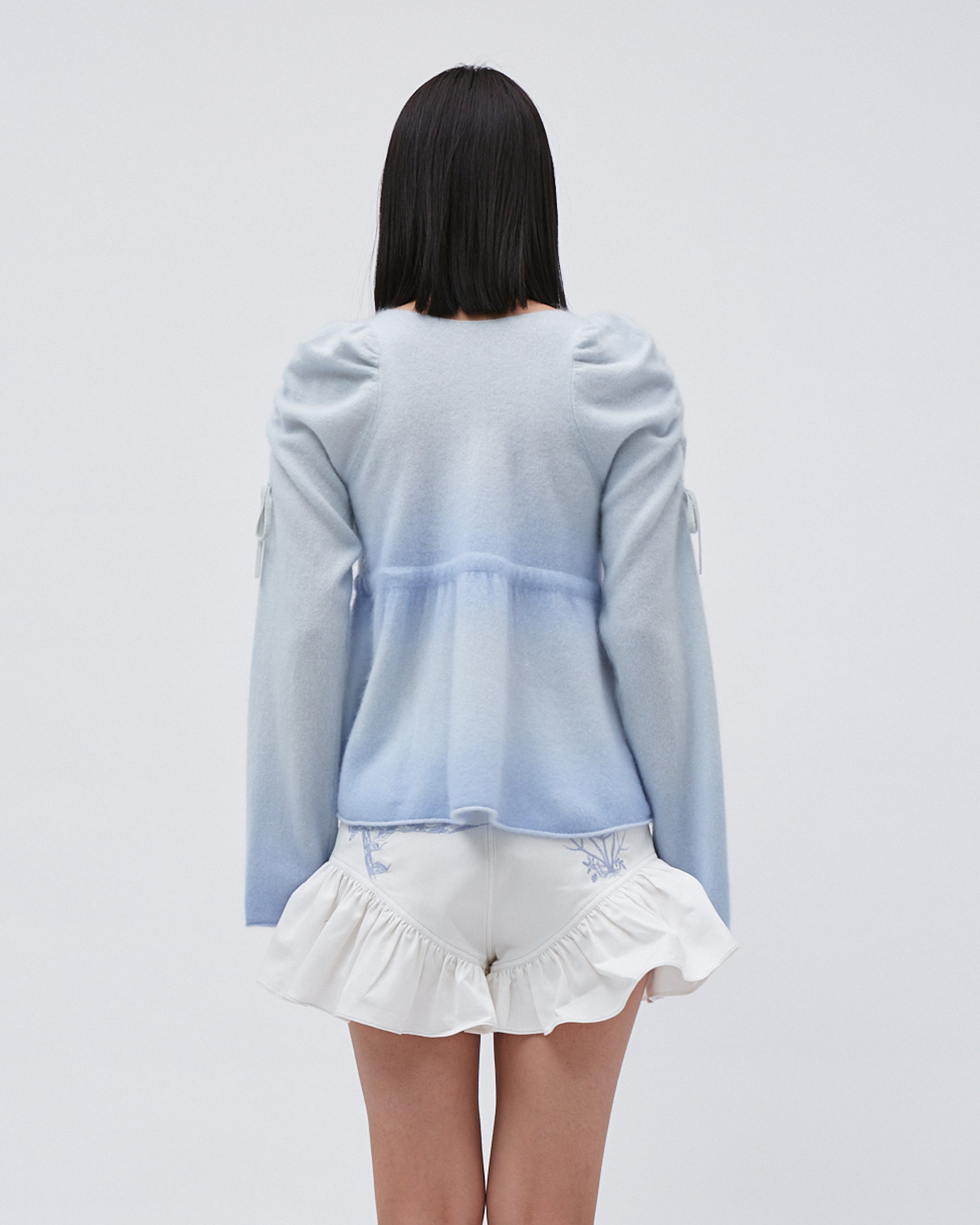 WOMENS KNIT GRADIENT CASMERE JUMPER SWEATER TOP WITH GATHERED PUFF SLEEVES AND BOW TIES AT WAIST SOFT BLUE 
