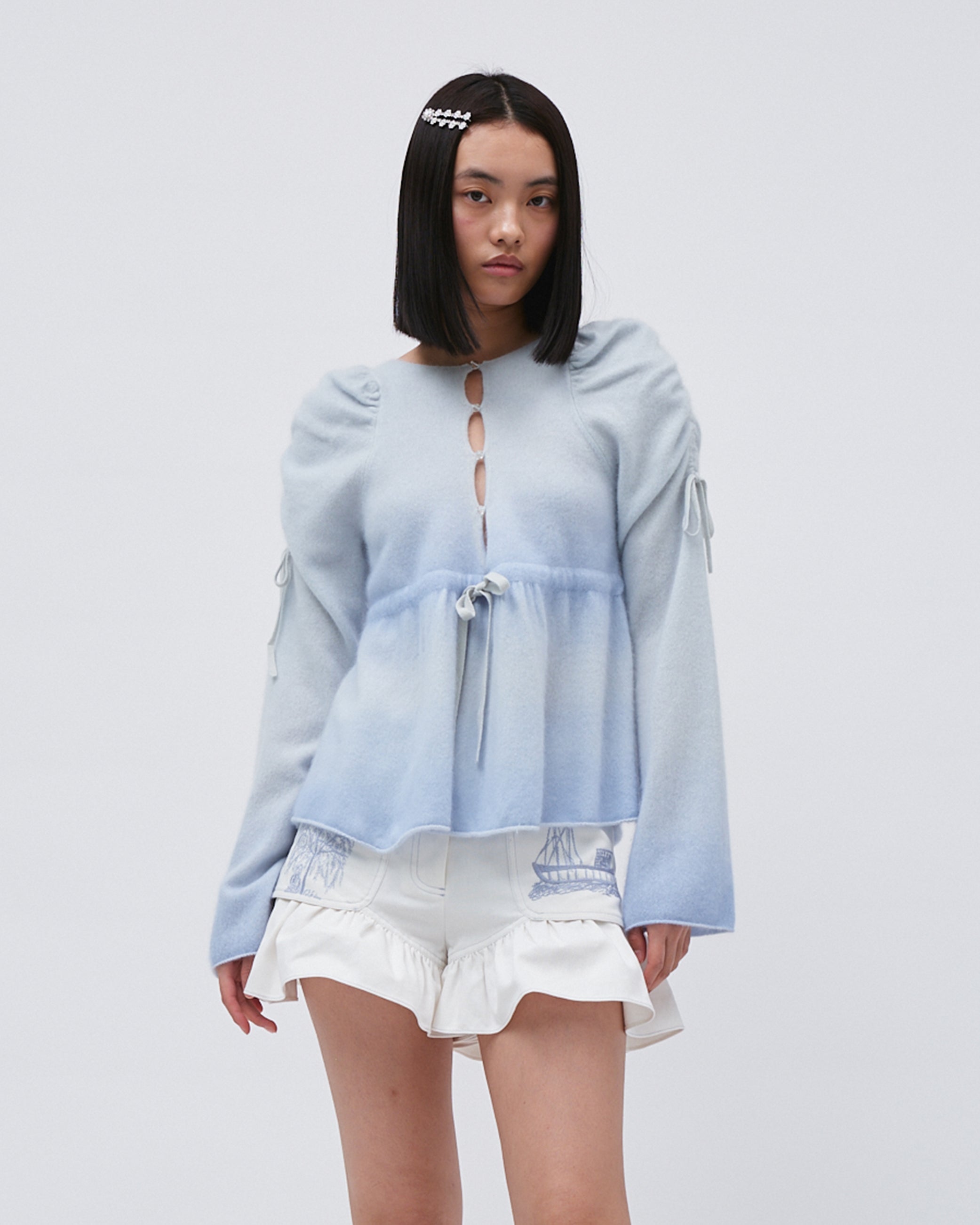 WOMENS KNIT GRADIENT CASMERE JUMPER SWEATER TOP WITH GATHERED PUFF SLEEVES AND BOW TIES AT WAIST SOFT BLUE 