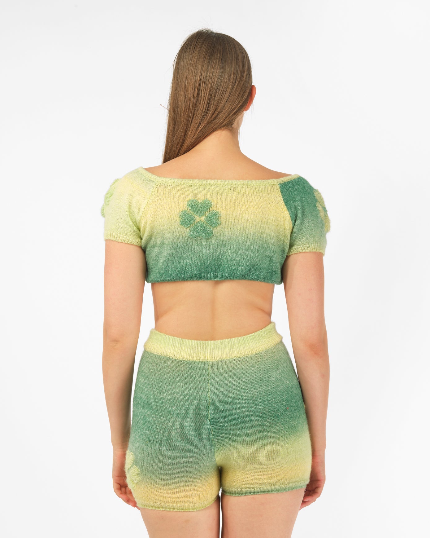 WOMENS KNIT CROP TOP GREEN AND YELLOW SHORT SLEEVE TOP WITH CLOVER MOTIF