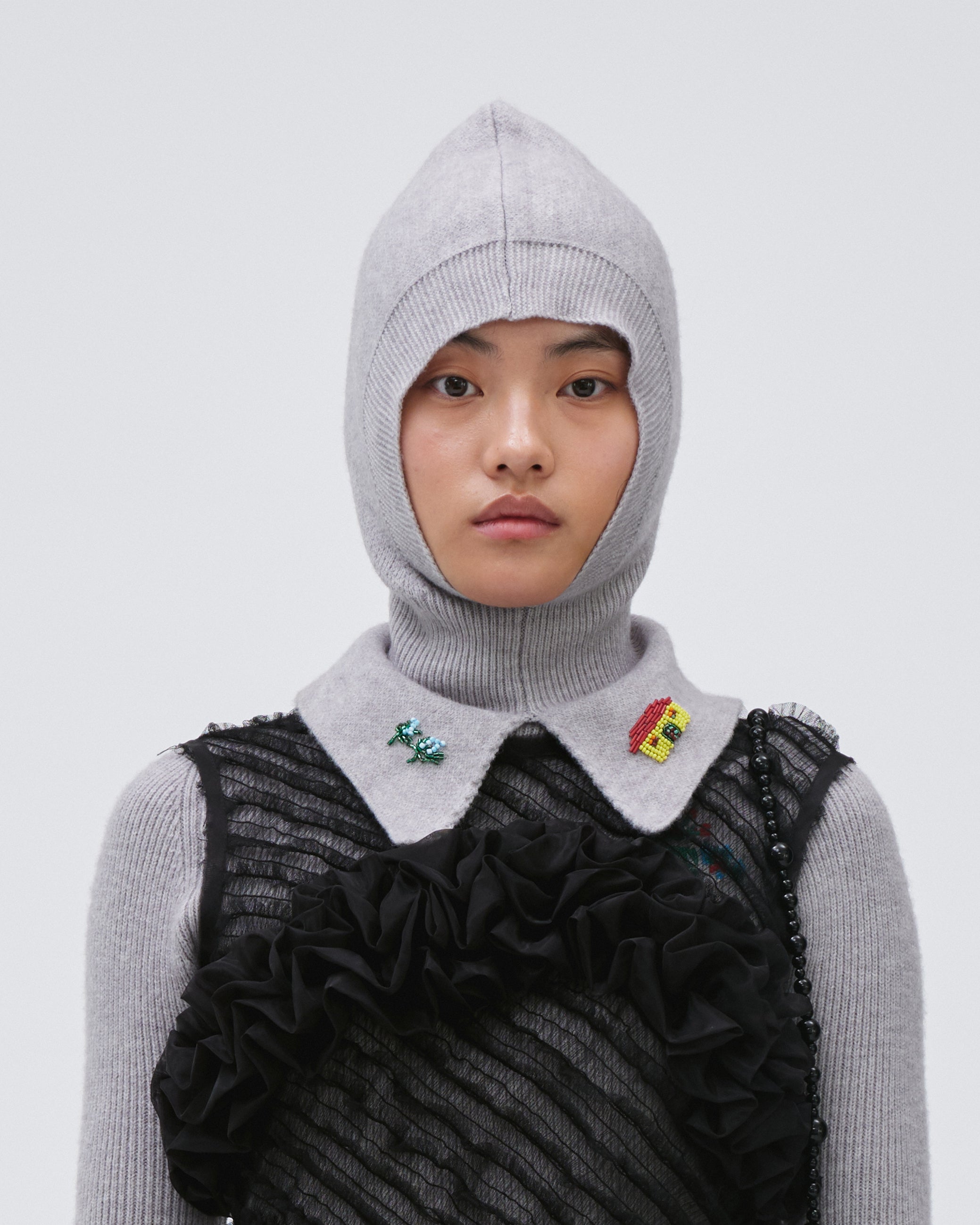 WOMENS GIRLS KNIT BALACLAVA HOOD SNOOD IN GREY WITH EMBROIDERY 