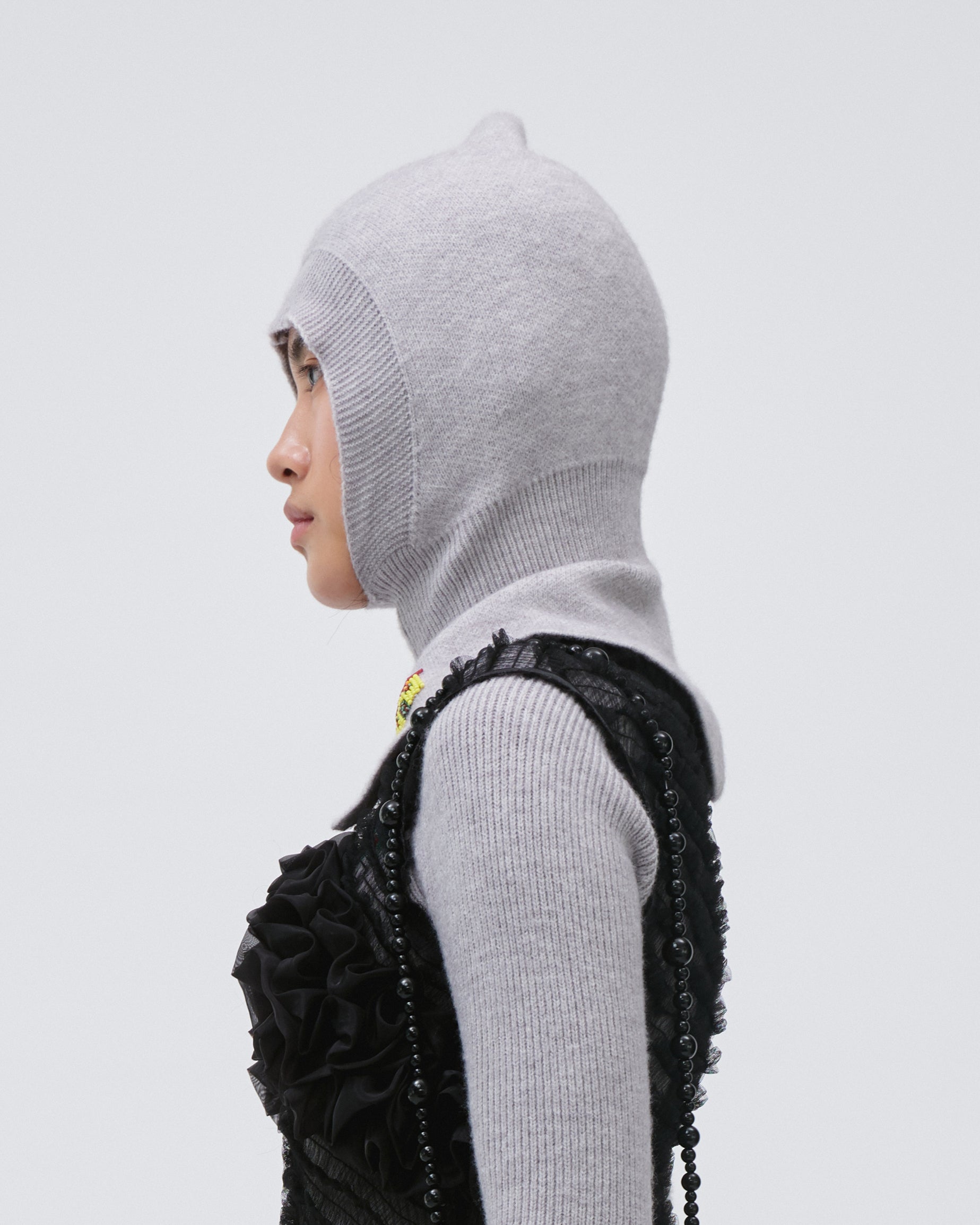 WOMENS GIRLS KNIT BALACLAVA HOOD SNOOD IN GREY WITH EMBROIDERY 