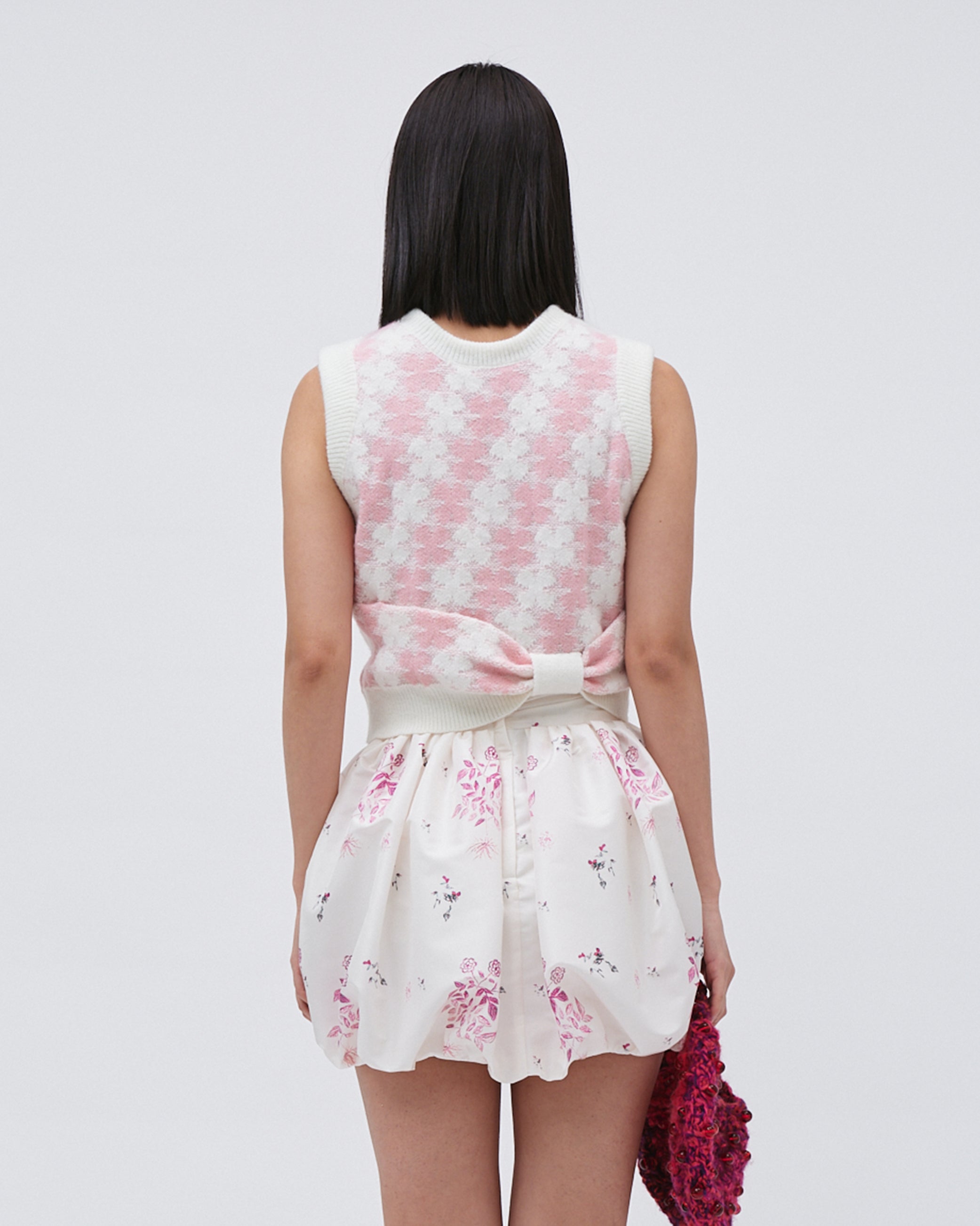 WOMENS KNITTED VEST TOP SLEEVELESS MONOGRAM CLOVER MOTIF WITH LOGO EMBROIDERY AND BOW DETAILS HIGH WAISTED