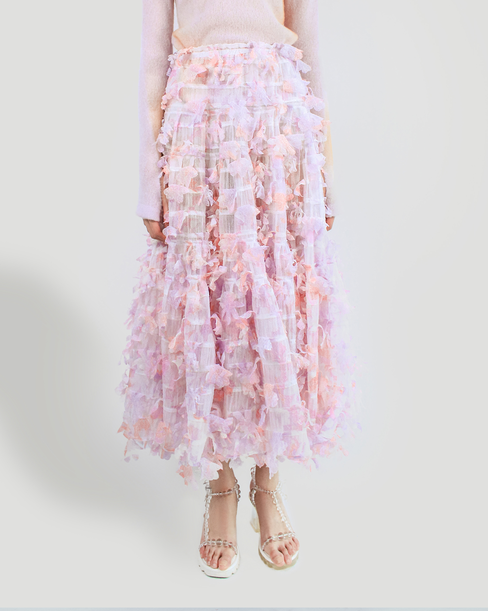WOMEN GIRL LONG PINK RUFFLE LASER CUT FLOWER VOLUME SKIRT