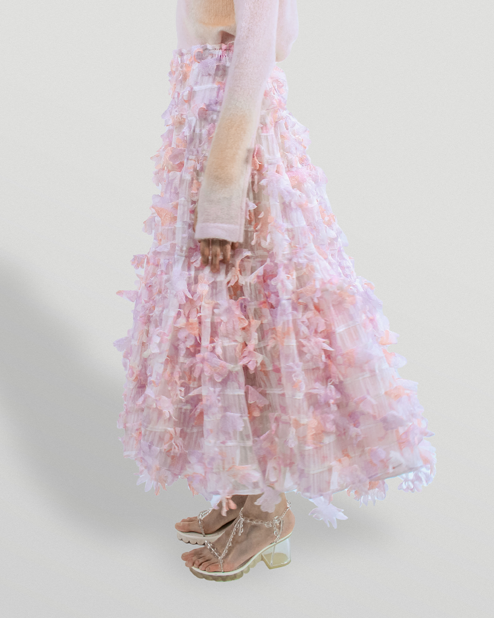 WOMEN GIRL LONG PINK RUFFLE LASER CUT FLOWER VOLUME SKIRT