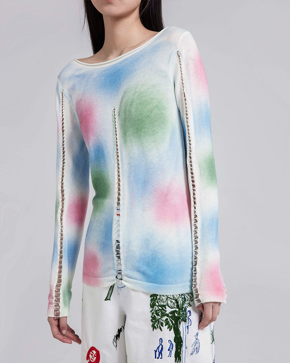 WOMEN GIRL WHITE STYLE LONG SLEEVE BUBBLE BEAD LIGHTWEIGHT KNIT 