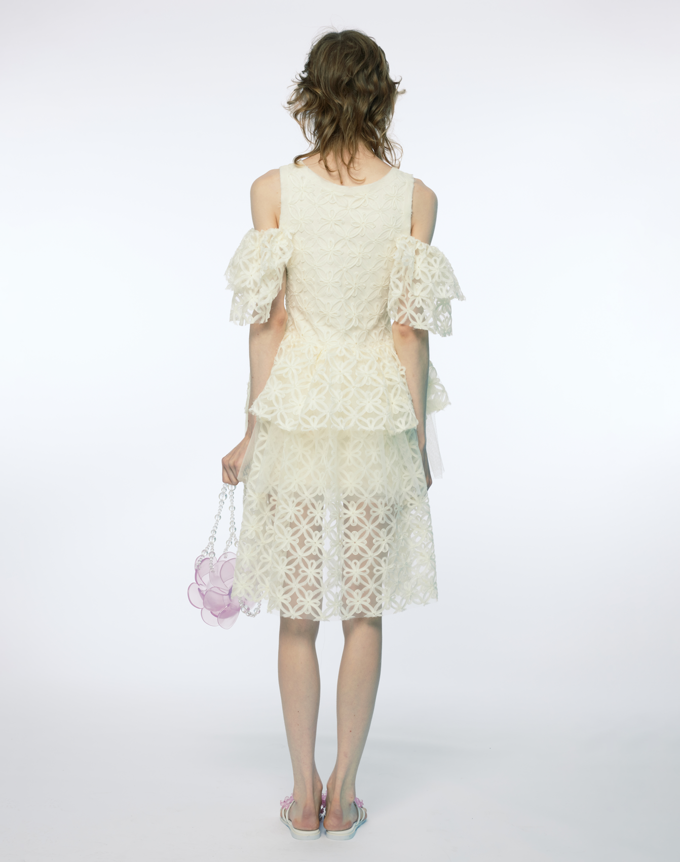 ORGANZA OFF SHOULDER CORD-EMBELLISHED LACE A LINE DRESS