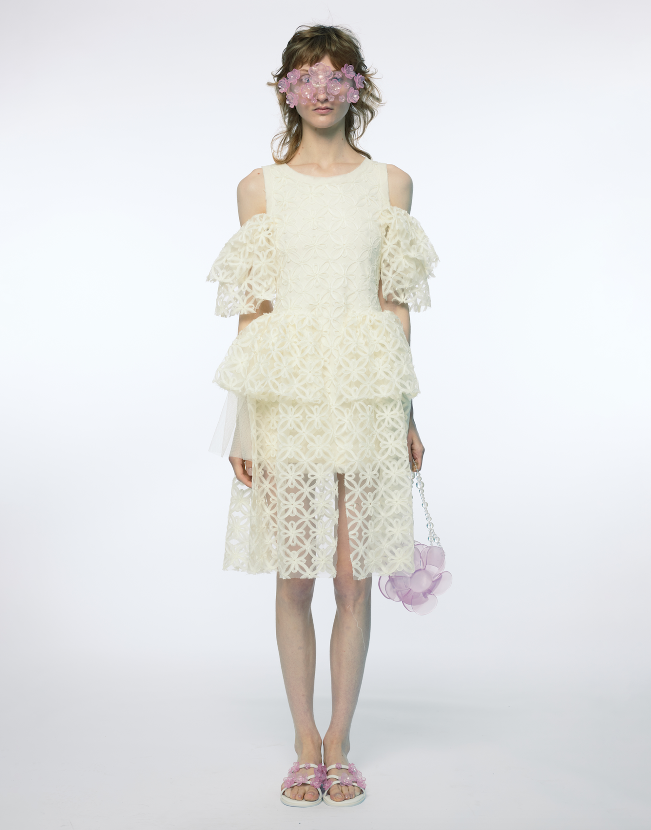 ORGANZA OFF SHOULDER CORD-EMBELLISHED LACE A LINE DRESS