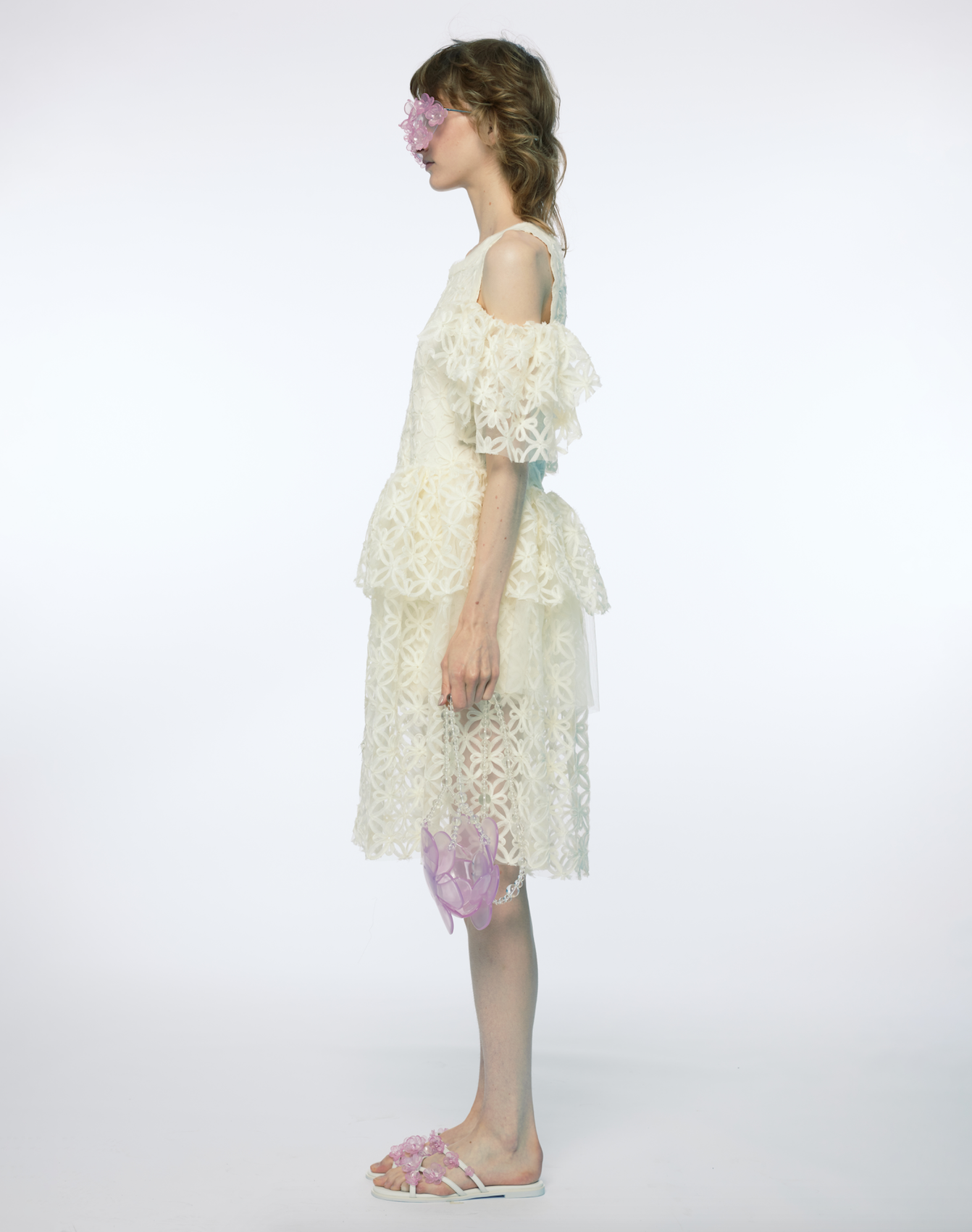 ORGANZA OFF SHOULDER CORD-EMBELLISHED LACE A LINE DRESS