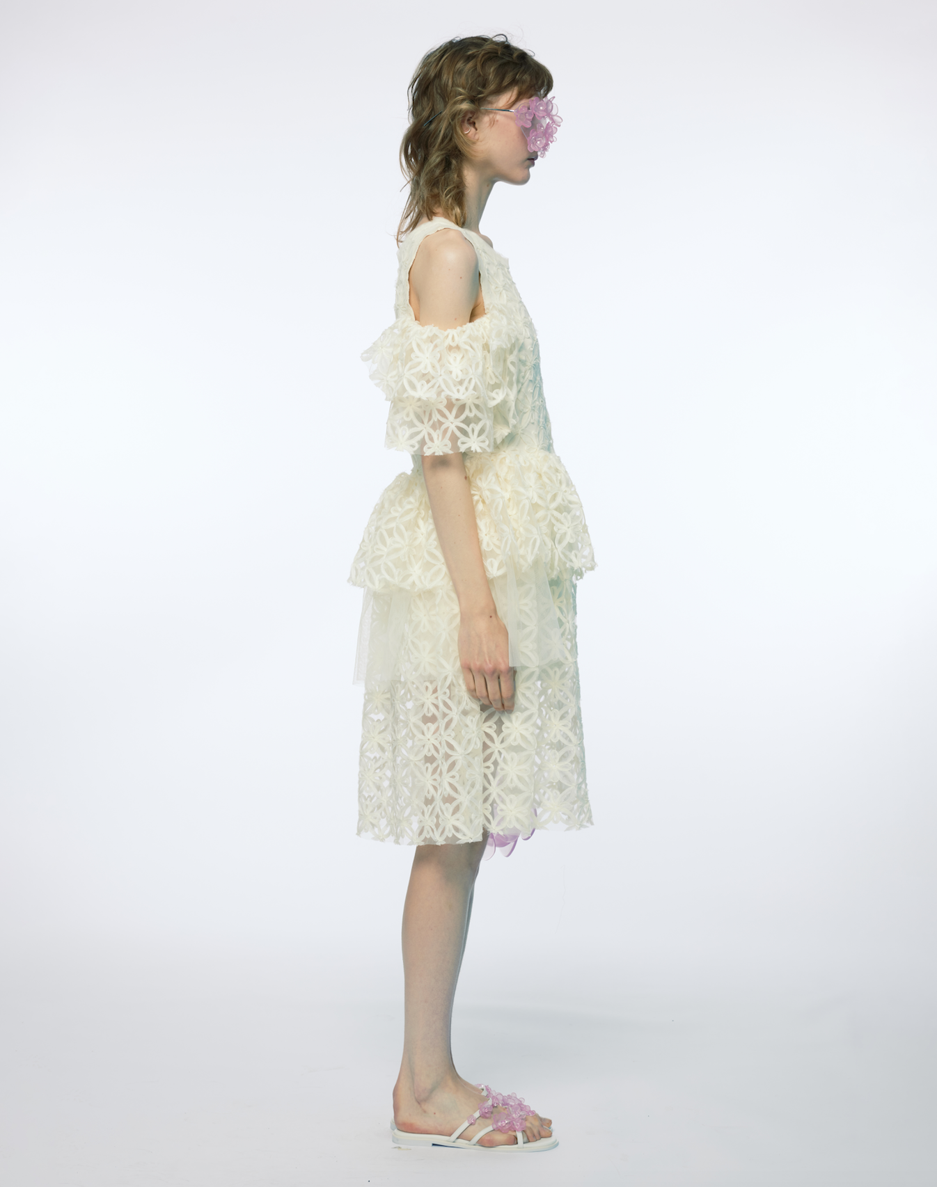 ORGANZA OFF SHOULDER CORD-EMBELLISHED LACE A LINE DRESS