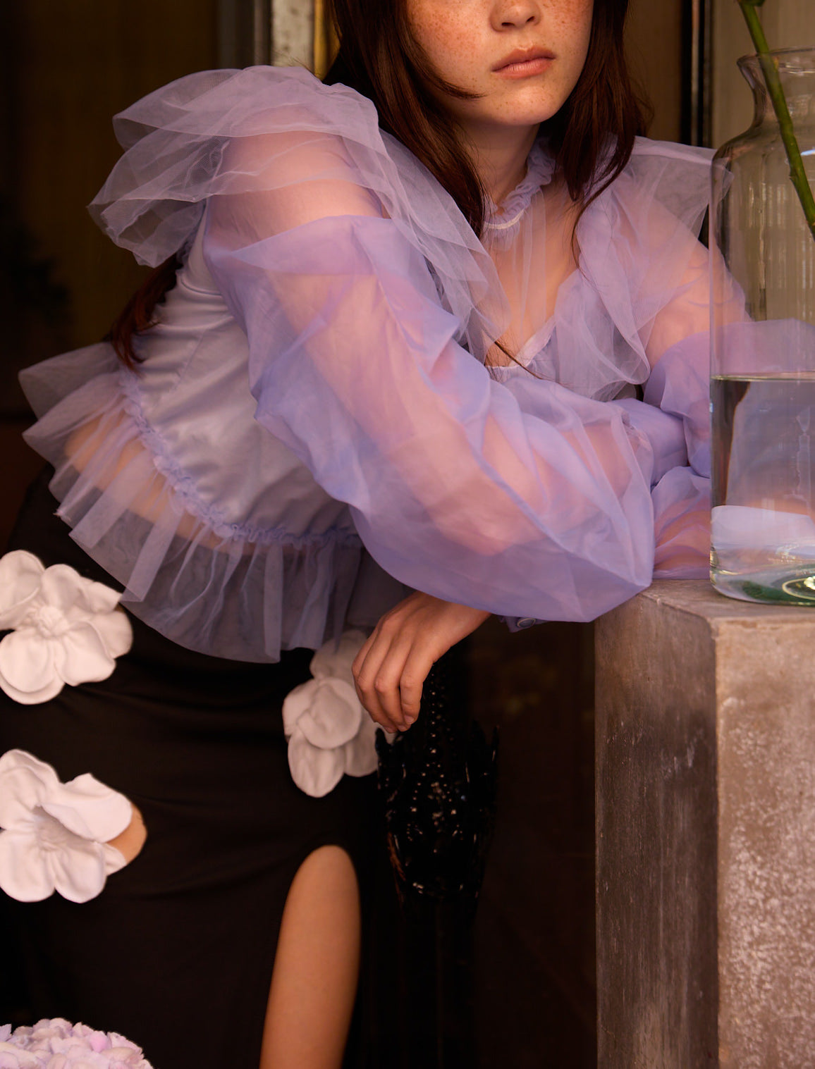 TRANSPARENT ORGANZA FABRIC RUGGLES BALLON SLEEVES TOP