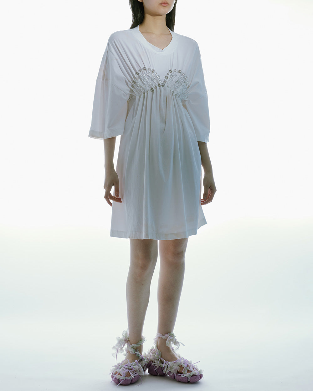WOMEN LONG SLEEVE STYLE OVERSIZED BEADED JERSEY TOP WHITE